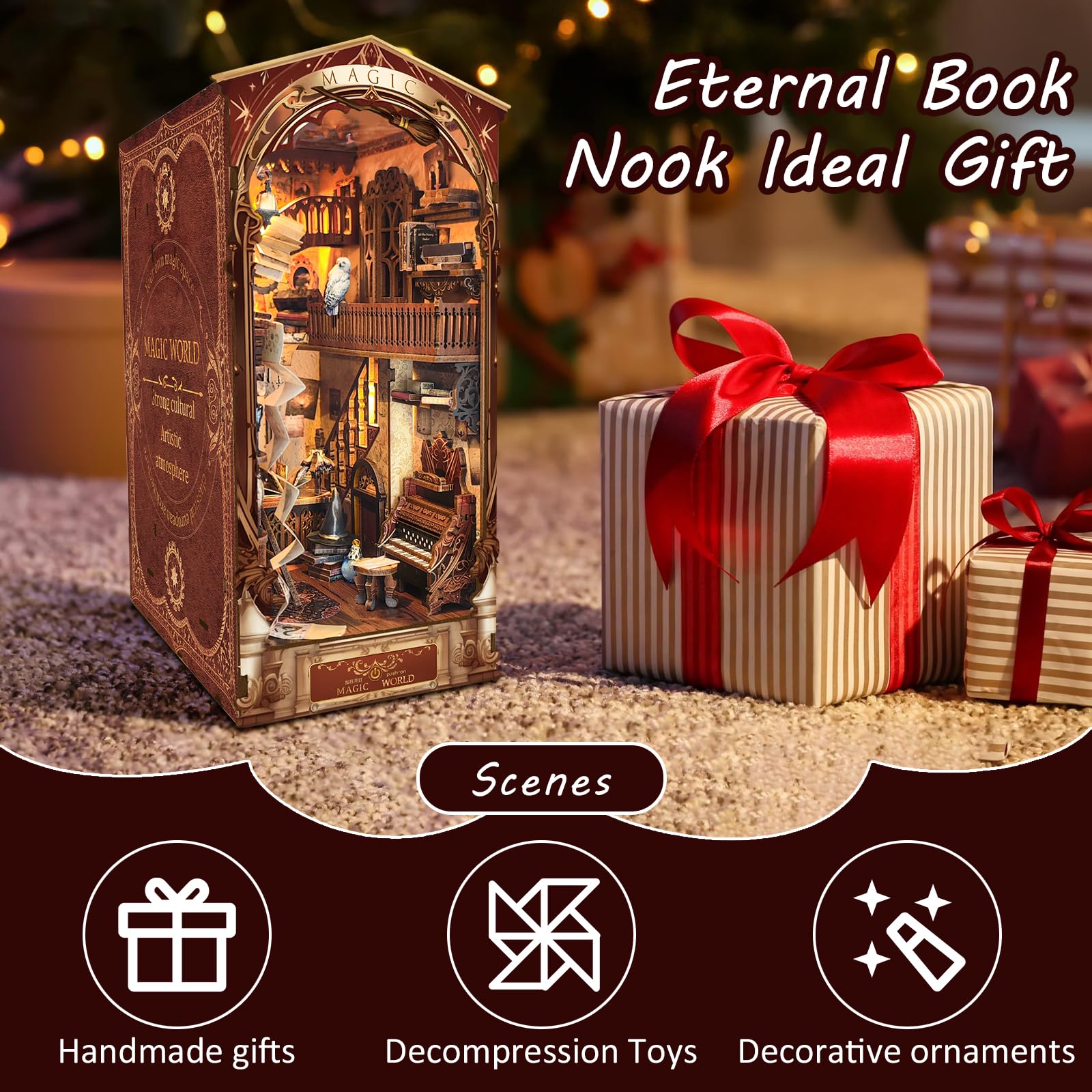 Kącik do książek DIY zestaw, MOJINO domek dla lalek drewniany narożnik do książek miniaturowy zestaw domowy z meblami i światłem LED magiczny świat puzzle 3D drewniane (magiczny świat)