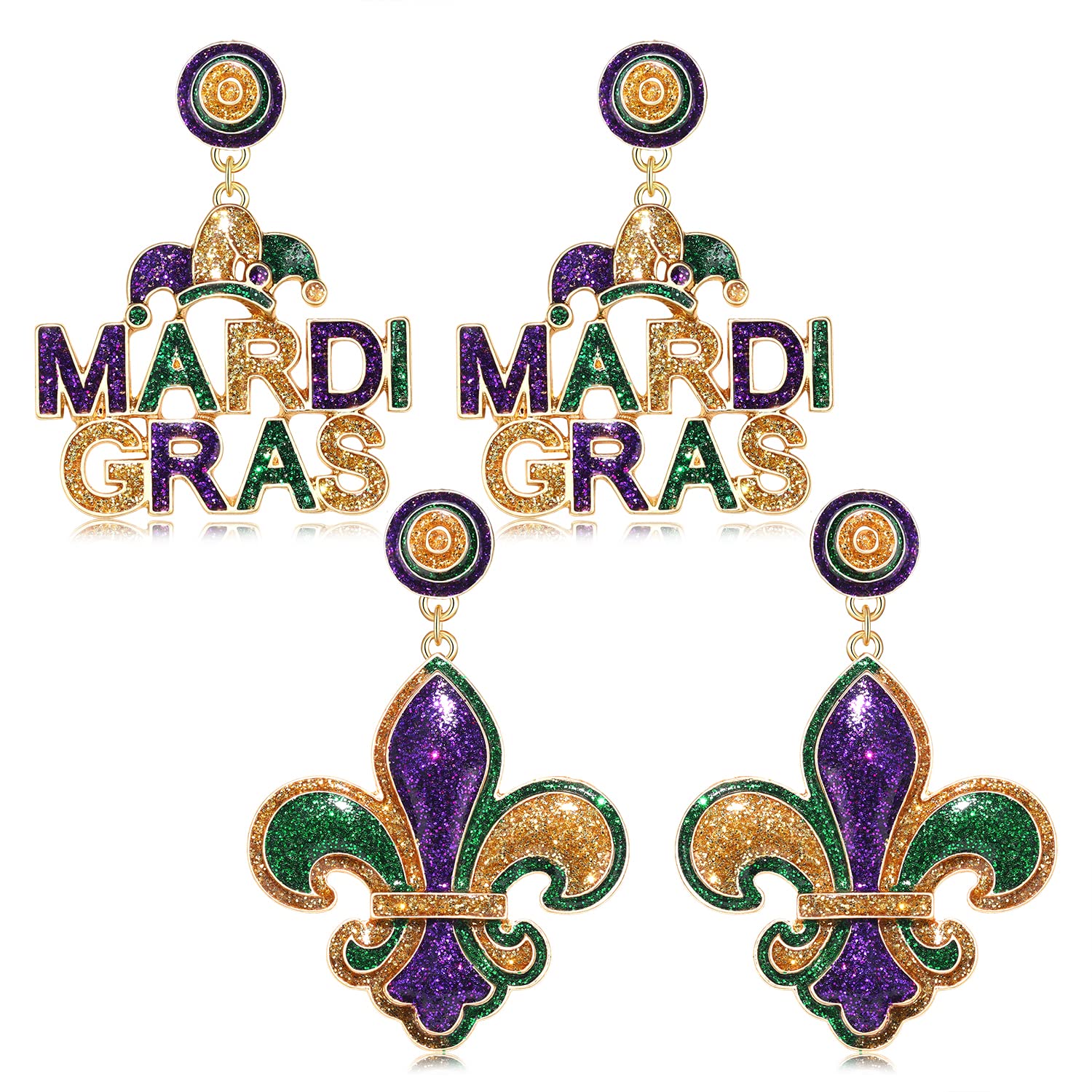 Vogueknock 2 Pairs Mardi Gras Earrings for Women Glitter Mask Fleur De Lis Crown Dangle Earrings Fat Tuesday Carnival Parade Holiday Earrings Gifts