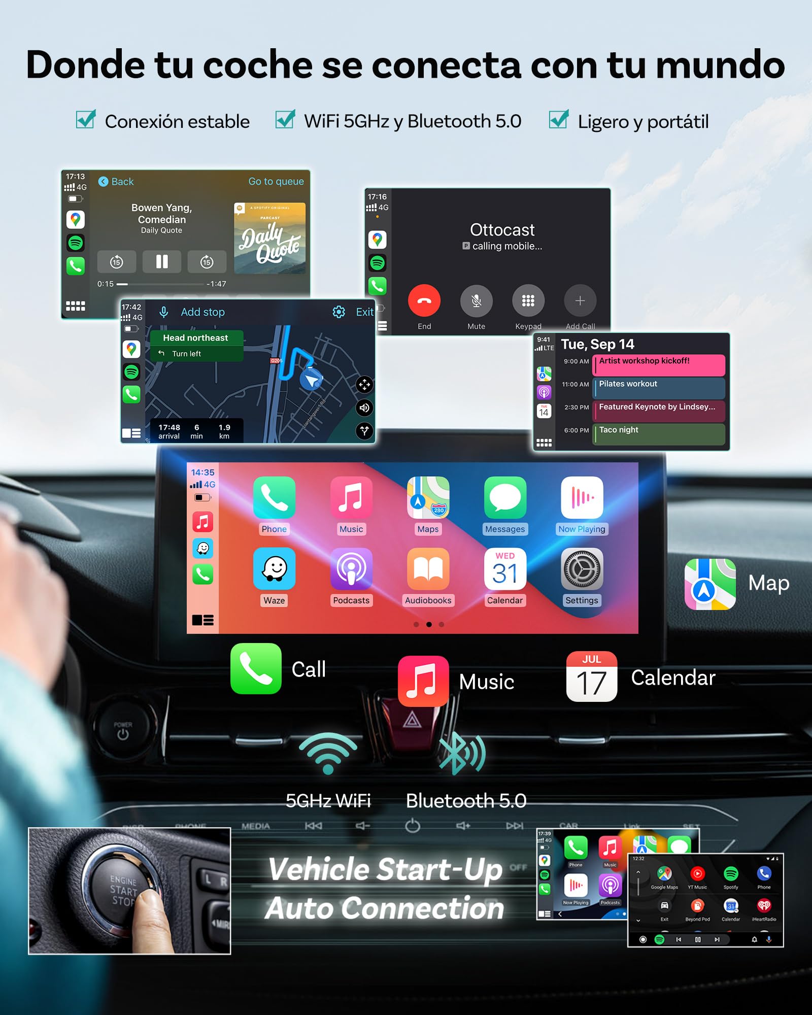 OTTOCAST Mini Adaptador Carplay Inalambrico,Última Versión 2026, 2 en 1 Convierte CarPlay/Android Auto por Cable a inalámbrico, Plug-&-Play, Diseño Compacto de Metal, Reconexión automática.
