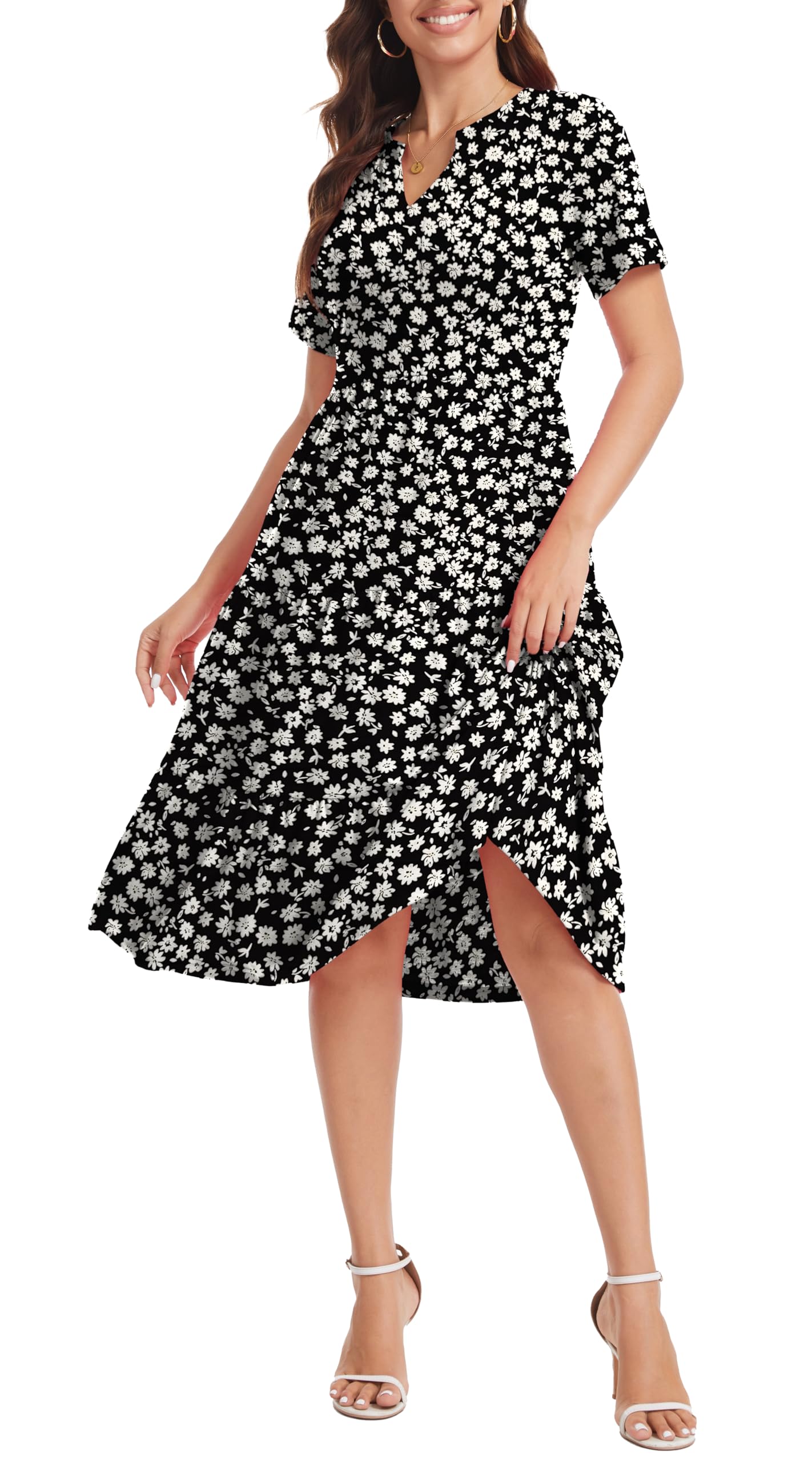 Jeqeocafy Women's V Neck Dress 2026 Lounge Fashion Casual Loose Fit Flowy Swing Tiered Vacation Dresses