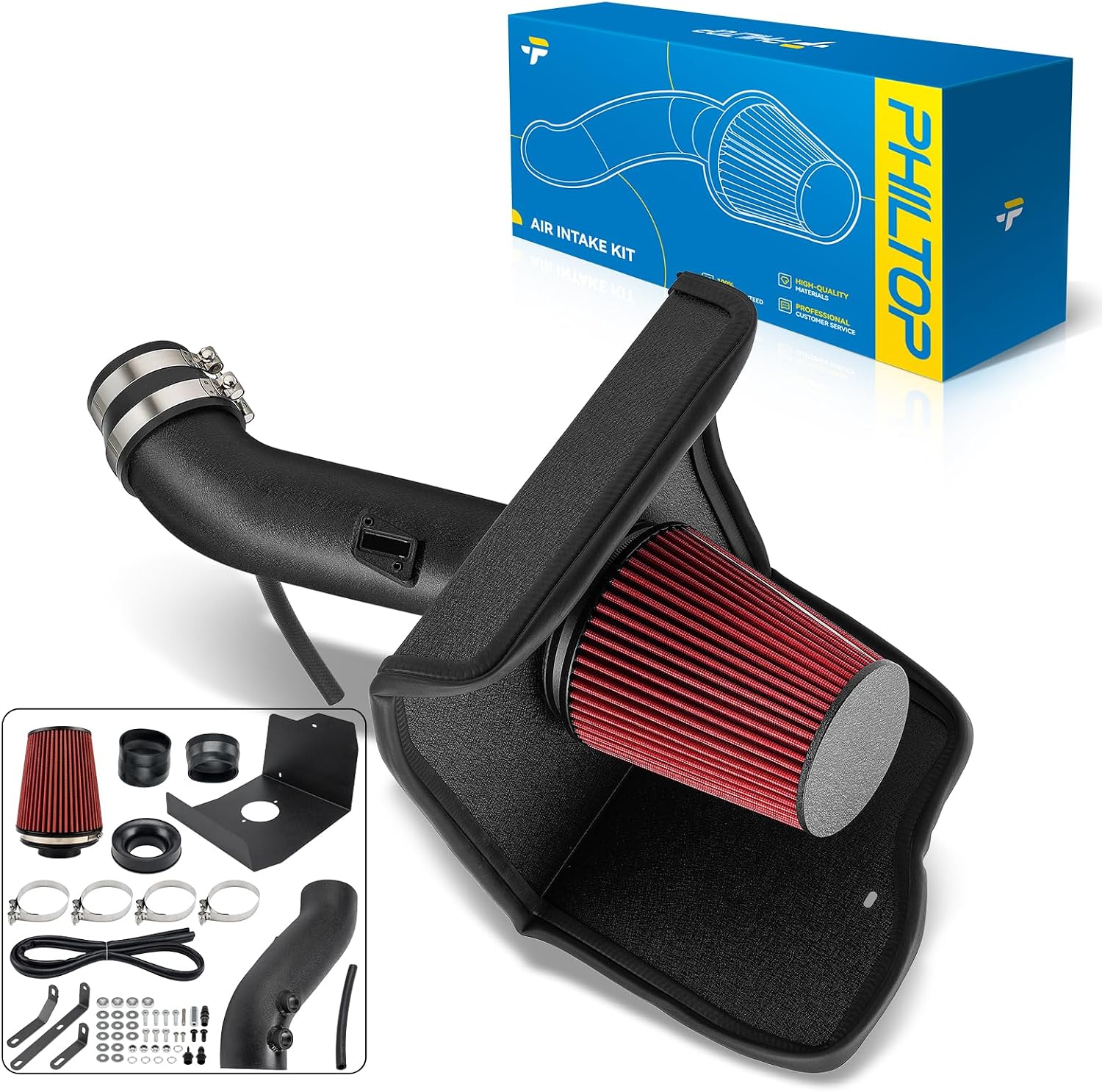 PHILTOP 3.75“ Cold Air Intake Kit System + Heat Shield Compatible with Toyota for Tundra 5.7L 2012-2021, High Performance, Red