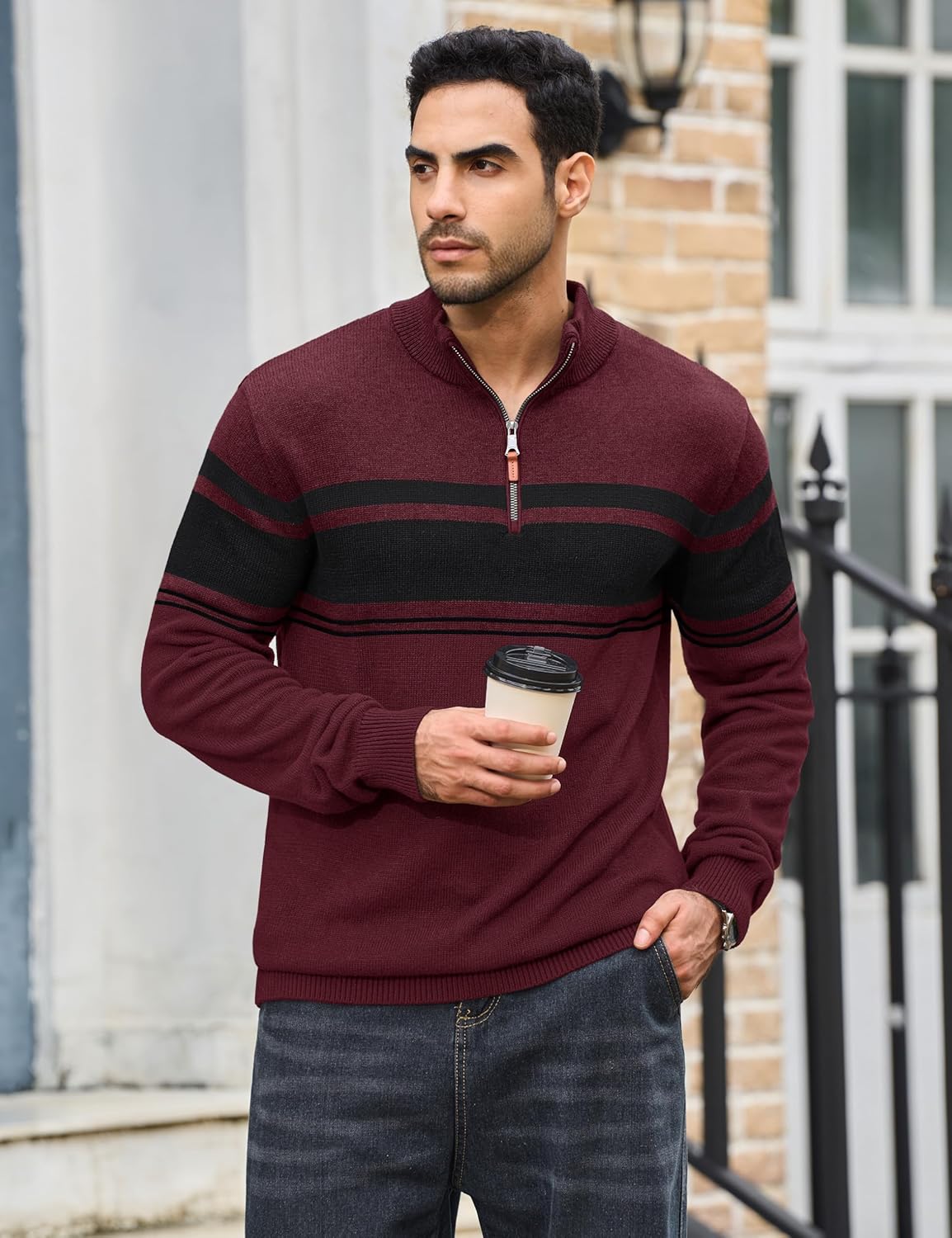 TACVASEN Men's Quarter Zip Sweaters Cotton Pullover Sweater Striped Casual Fall Winter Warm Pullover Sweatshirts - Image 3