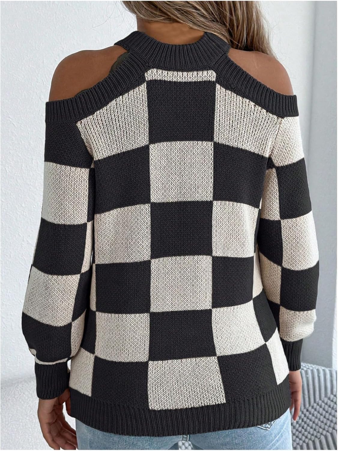 MakeMeChic Women's Plaid Sweater Cold Shoulder Crew Neck Long Sleeve Pullover Tops - Image 2