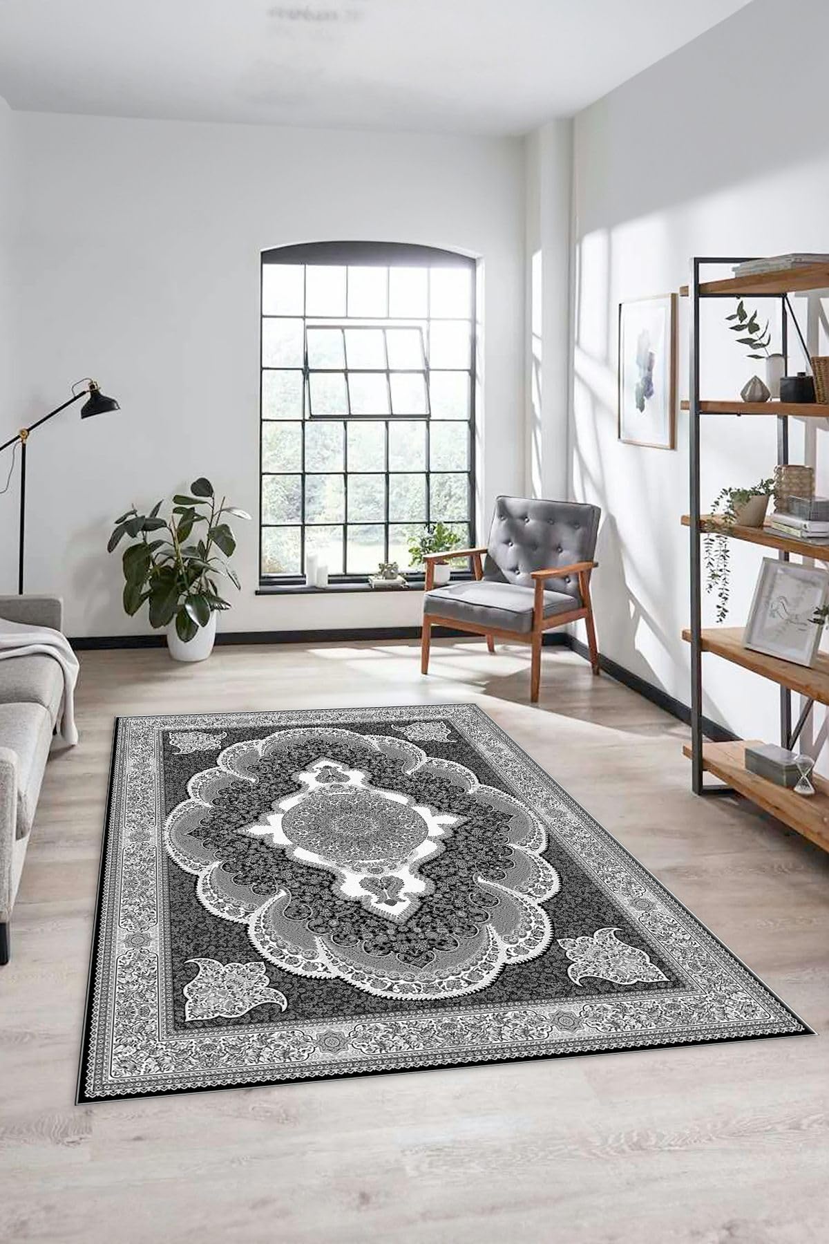 Evdeya Dijital Kaymaz Taban Yıkanabilir Çerçeveli Göbekli Klasik Desen Salon Halısı KLASİK-02, Gri, 80 x 250