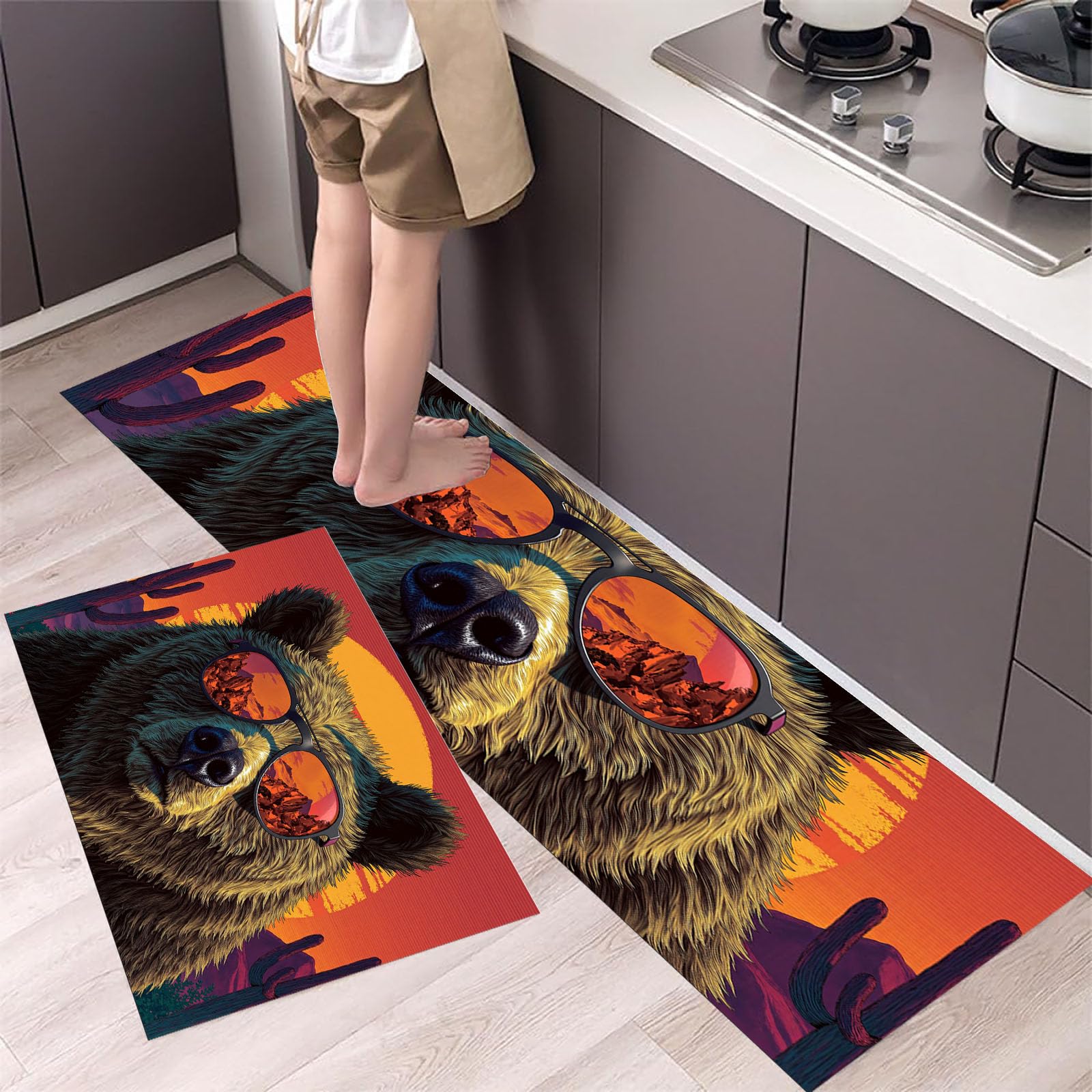 Tapis de cuisine antidérapant pour éviter les glissades, lot de 2 lavables motif ours