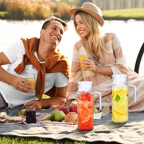 Miniatura 7 de Gejoy 2 recipientes de vidrio de 40 onzas con tapas, jarra de vidrio con asa y boquilla para nevera, agua pequeña, jugo de naranja, jarra de té