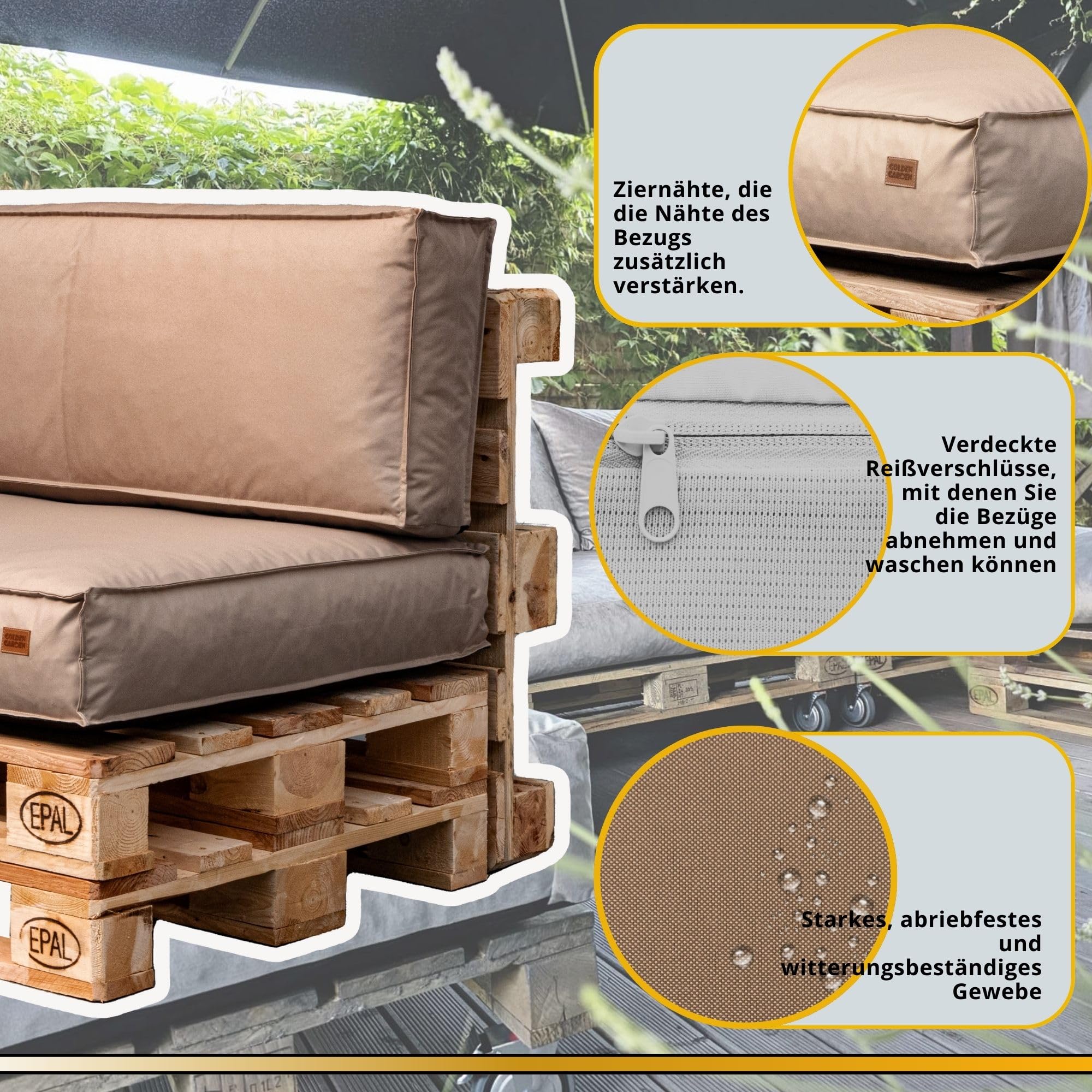 GoldenGroup Gartenset Kissen für Palettenmöbel Cappuccino - Strapazierfähiges Gewebe - Palettenkissen Set Gefüllt mit Schaumgranulat - 120x80x10 Sitzkissen - (2X) 60x40x15 Rückenkissen