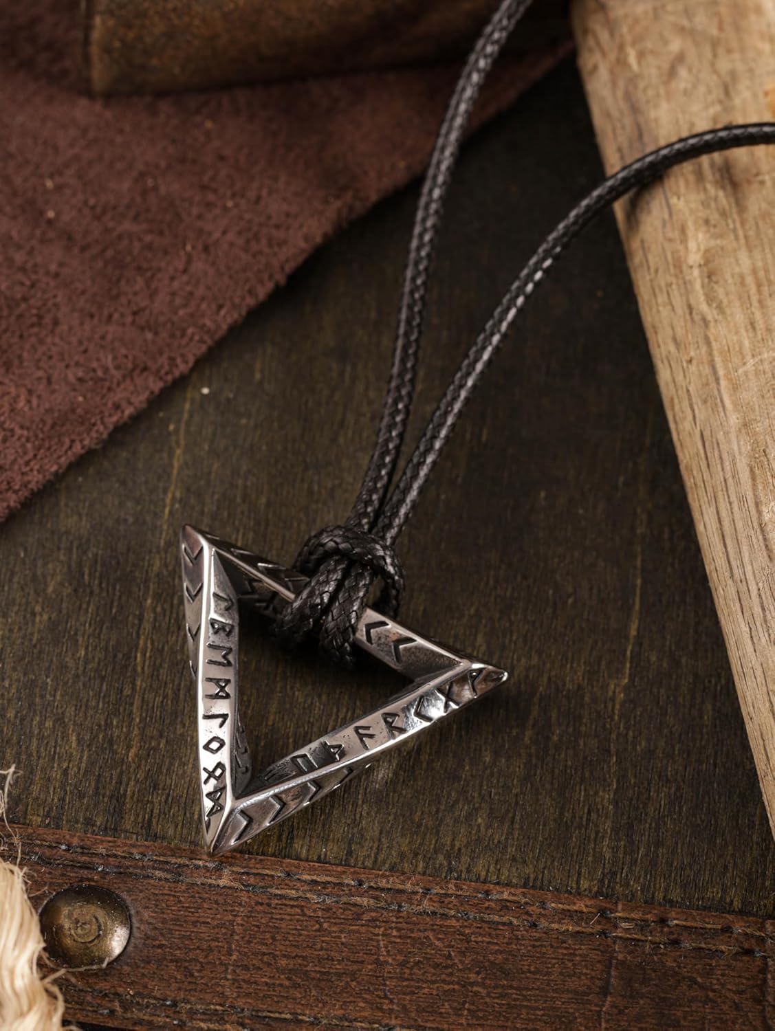 HAQUIL Viking Runes Necklace, Silver Plated Stainless Steel Norse Rune Triangle Talisman Pendant, Faux Leather Cord, Viking Jewelry Gift - Image 4