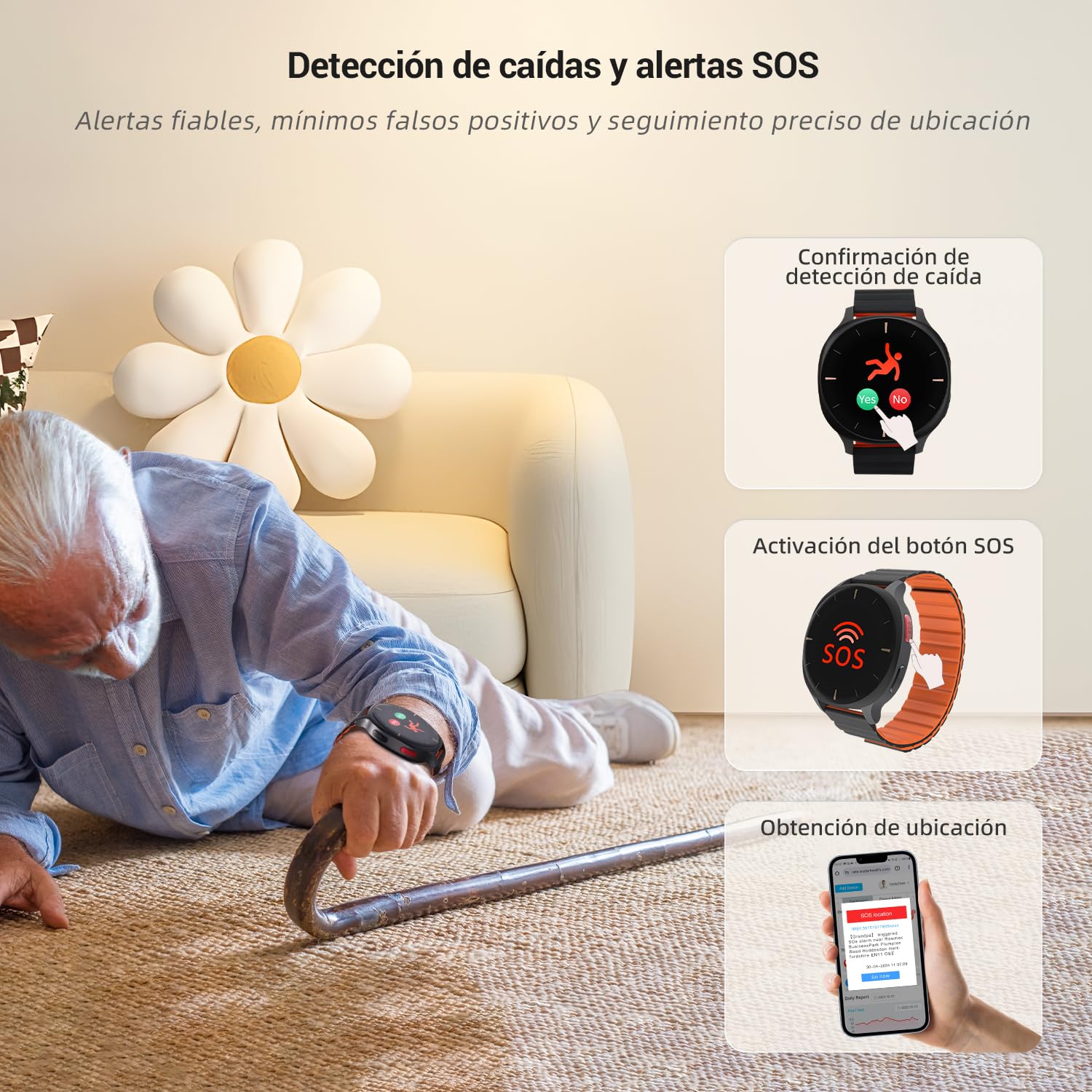 Audar E2 Reloj Emergencia Ancianos,Reloj Localizador Personas Mayores con Caídas y SOS Alerta,24/7 Presión,Ritmo Cardíaco,SpO2,Temperatura,Informe bienestar IA,Datos Vitales IoT en Panel Cloud,Sin App
