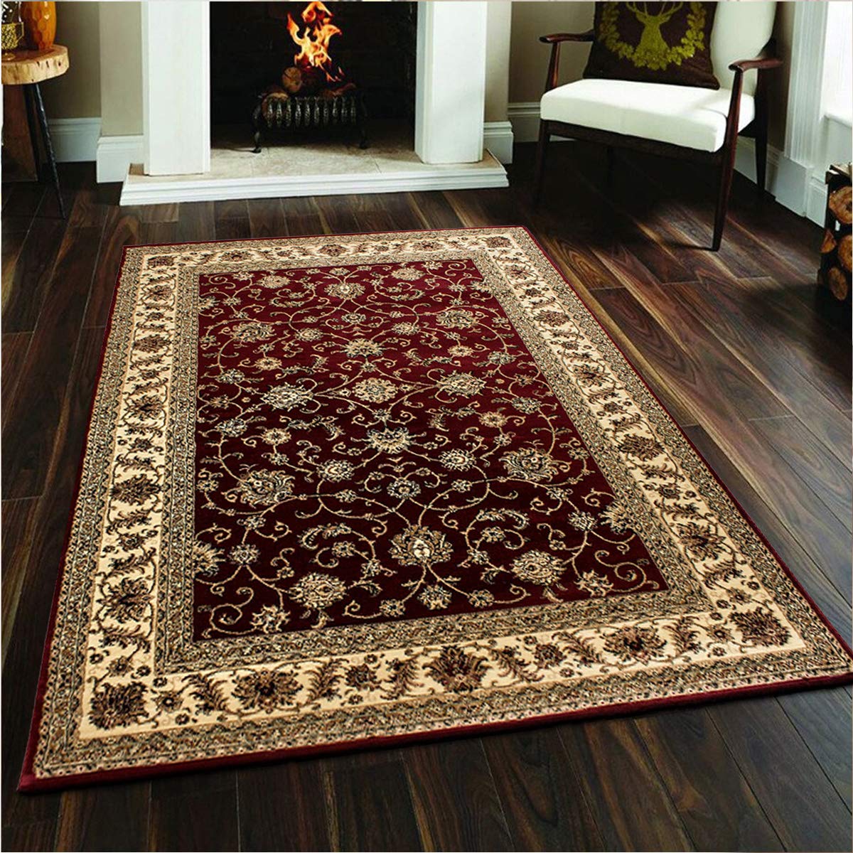 B&B Large Rugs for Living Room Floral Patterned Low Pile Traditional Oriental Rug for Bedroom Decor Dining Room Red 0210 - Rectangular Large Rug 120 X 170 cm