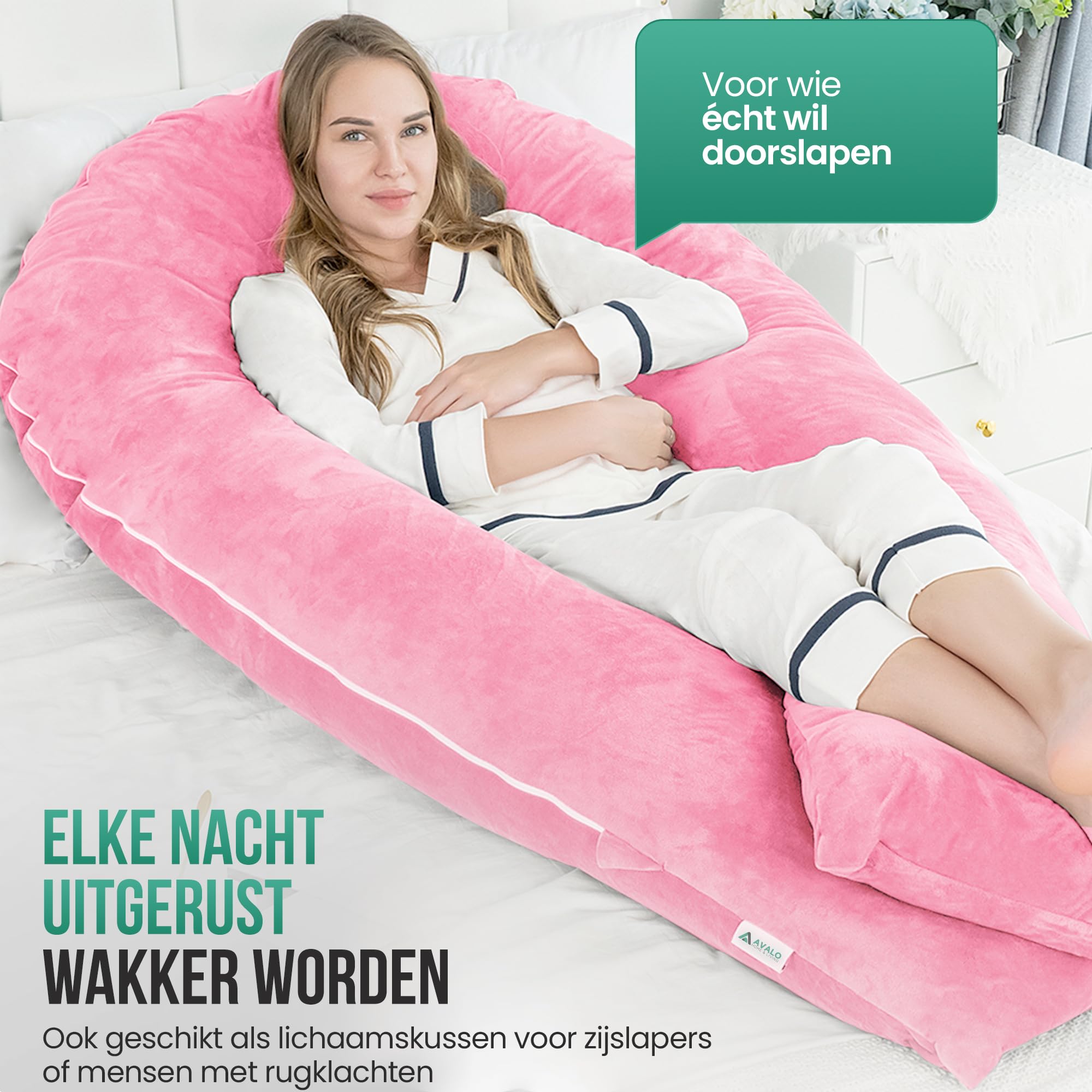 Avalo Cojín de Maternidad XXL 280 cm - Cojín Lateral en Forma de U - Cojín Ergonómico para el Cuerpo - Cojín de Nutrición y Almohada para el Cuerpo para Mujeres Embarazadas - Rosa