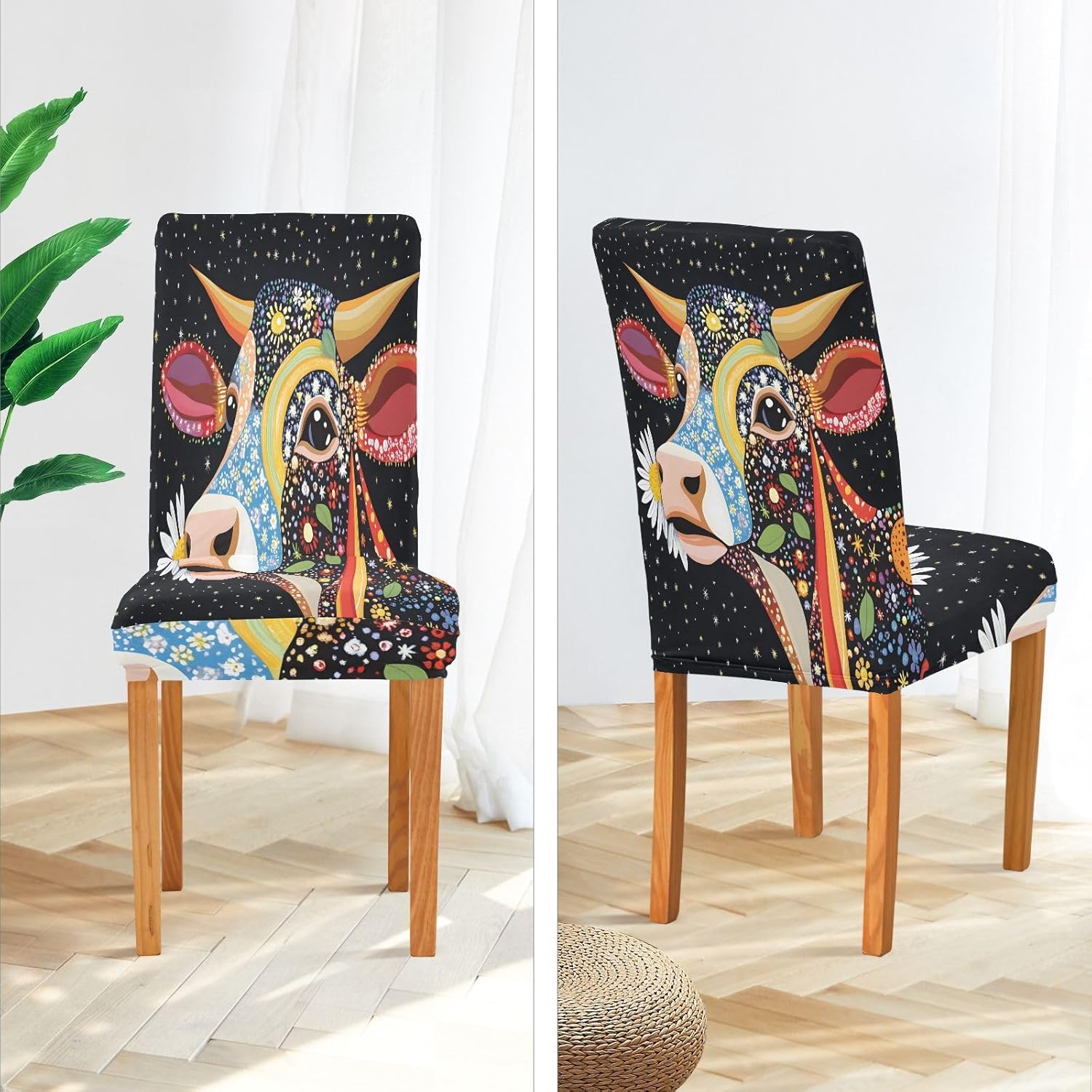 ALAZA Chair Covers for Dining Room, Beautiful Cow Daisy Stretch Chair Cover Sets Chair Protector Removable Washable for Ktichen Restaurant Hotel