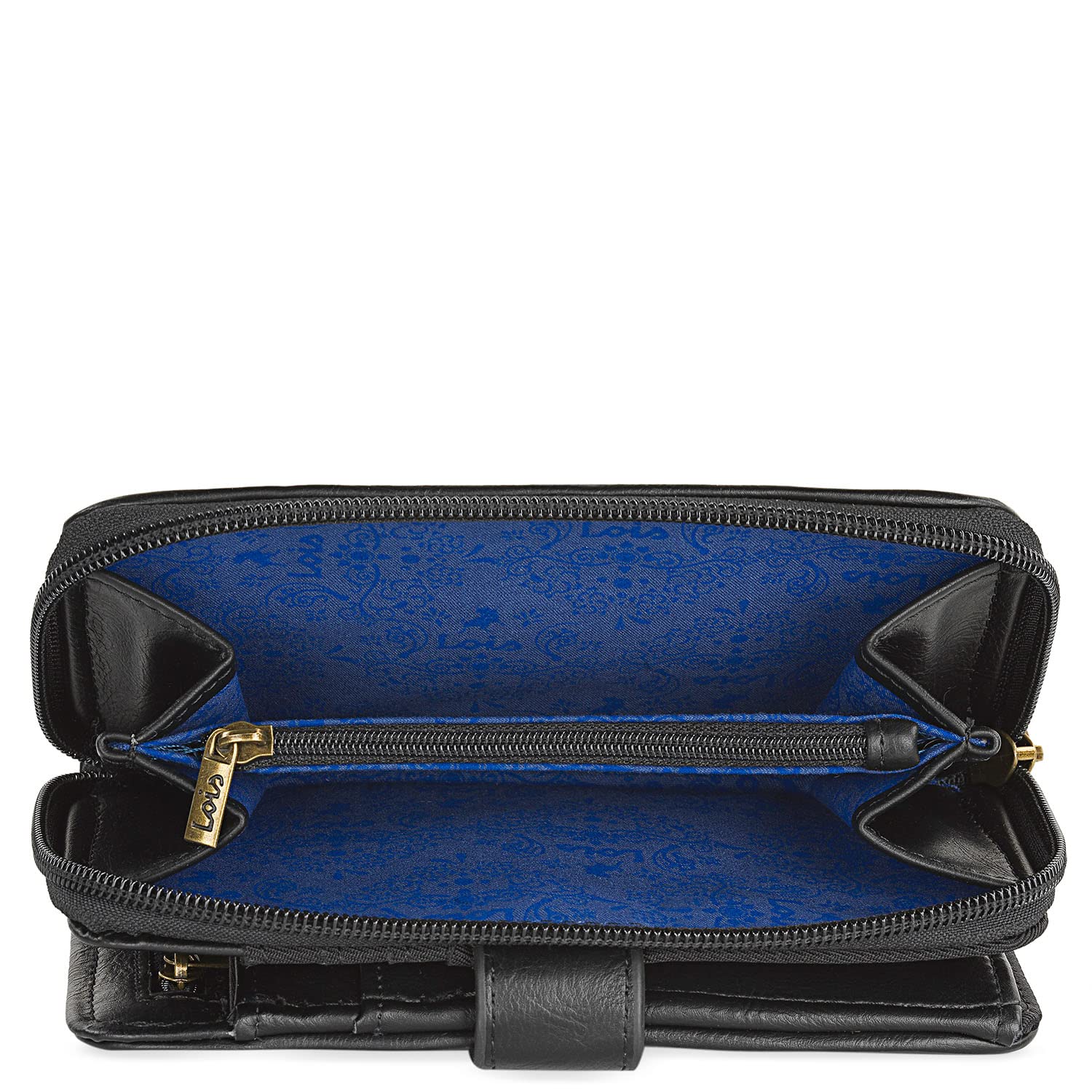 Lois - Cartera de Mujer Grande con Cierre Central de Cremallera, Monedero Tarjetero, Piel Eco, Cuero PU y Lona Bordada, Negro, 16 x 9 x 2 cm