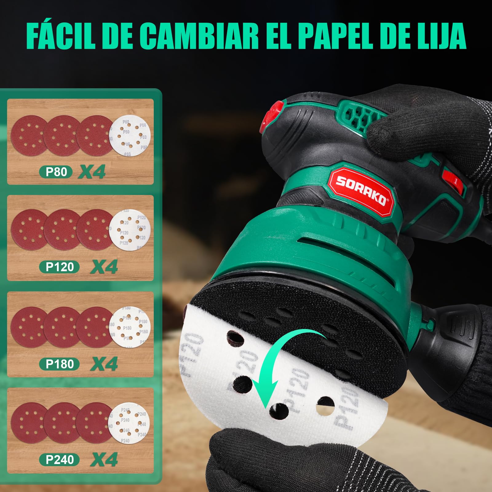 Lijadora Orbital 350W 125MM - 6 velocidades,16 hojas de lijado incluidas,con recolección de polvo y función de freno rápido,Ideal para lijar y pulir madera,en proyectos de afición