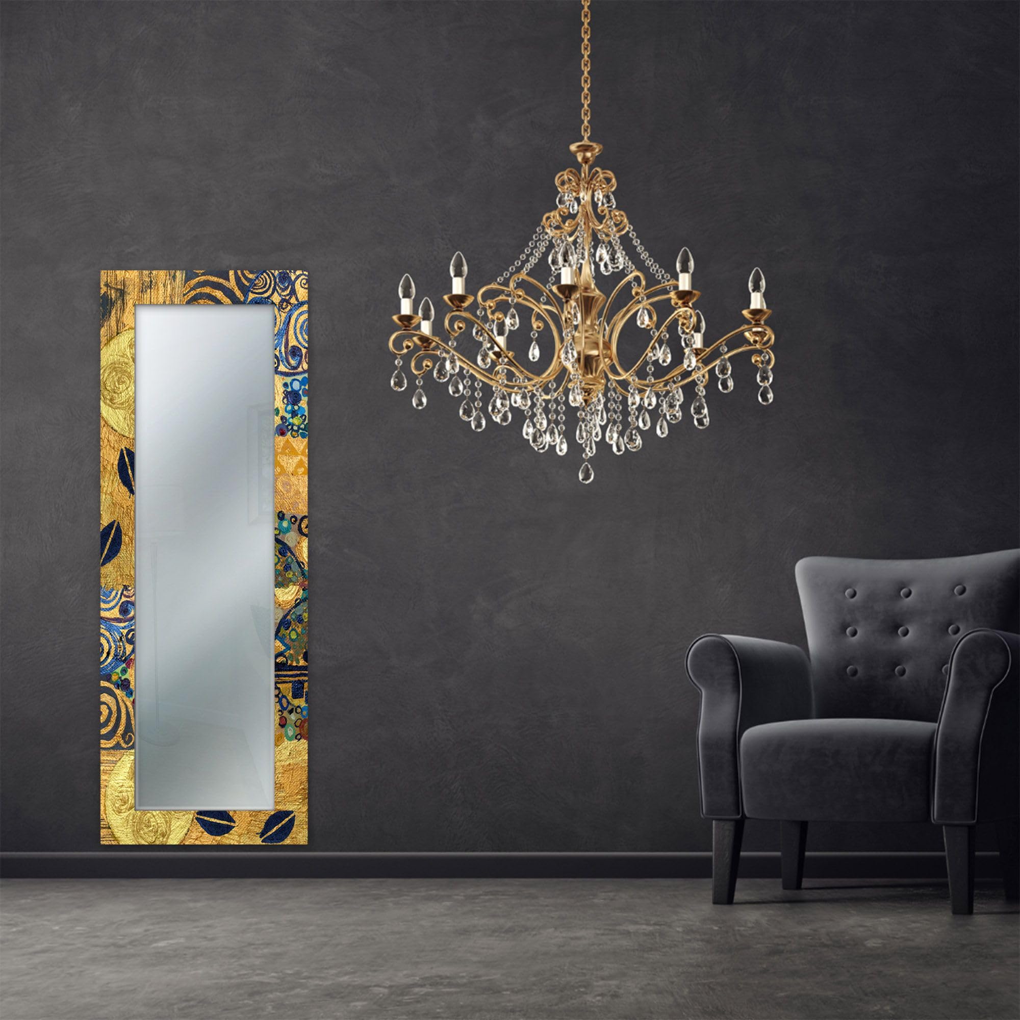 Lupia - Specchio da Parete Moderno, MIRROR FANTASY KLIMT GOLD, Cornice Stampata in Legno, 52x152 cm, Per Camera da Letto, Soggiorno, Ingresso, Vetro di Riflettanza