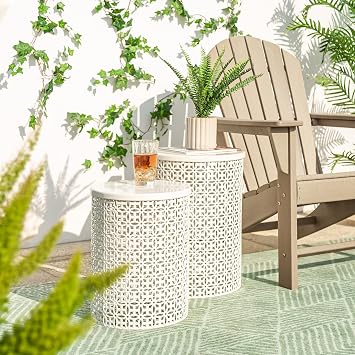 Glitzhome Outdoor Side Table Set of 2, Decorative Garden Stool for Patio, Heavy Duty Metal Frame Accent Table Modern End Table, Cream White | Decorative Garden Stool