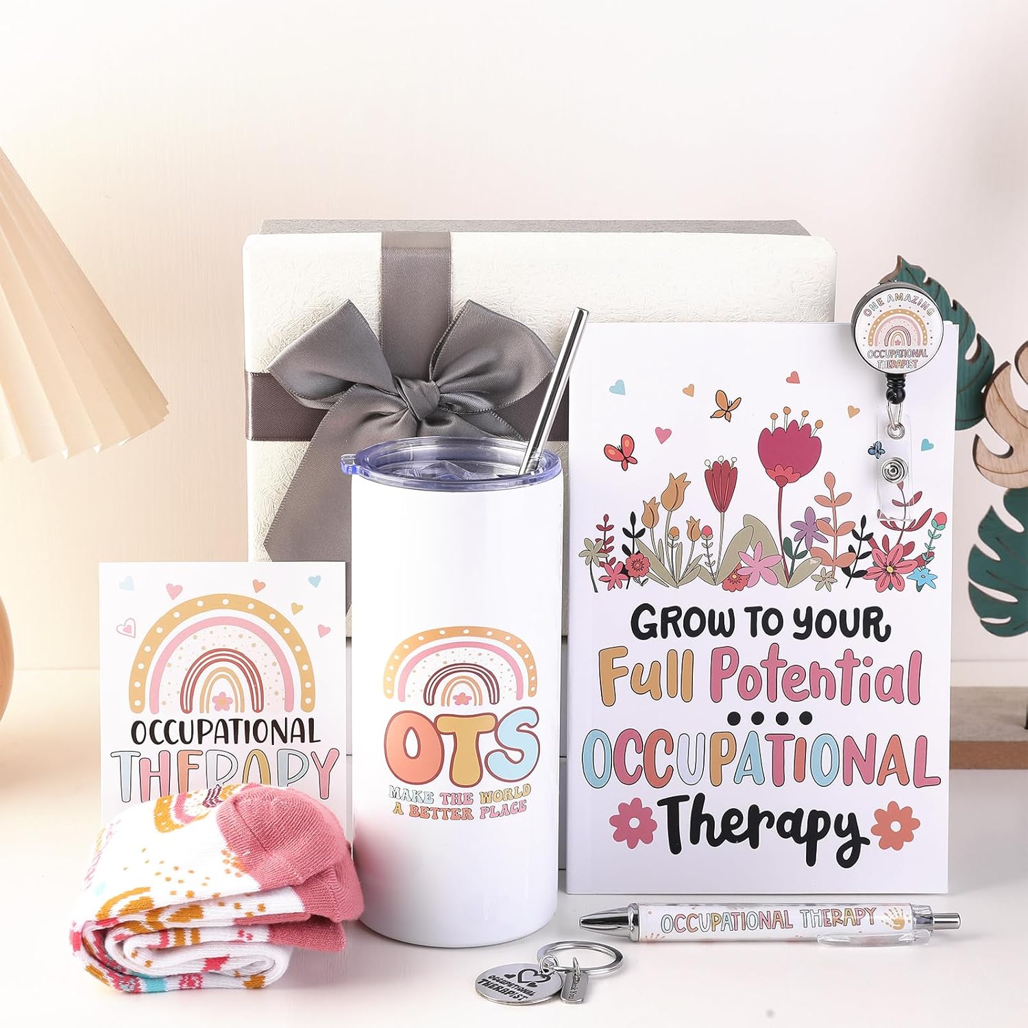 Sieral 8 Pcs Occupational Therapy Gifts Include 16 oz Tumbler with Lid Socks Notebook Pen Badge Reel Keychain Greeting Card Box OT Gifts for Occupational Therapist Assistant Women Xmas Birthday - Image 3