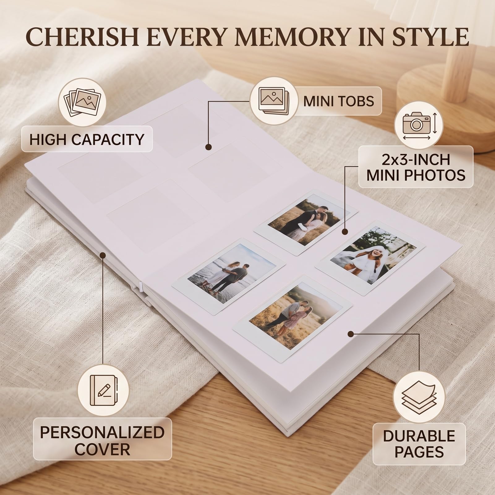 Sxhlseller Álbum de Fotos de 120 Bolsillos para Mini 2x3 |Espacio de Escritura, Libro de Visitas de Bricolaje para Recuerdos de Viajes de Bodas (Beige)