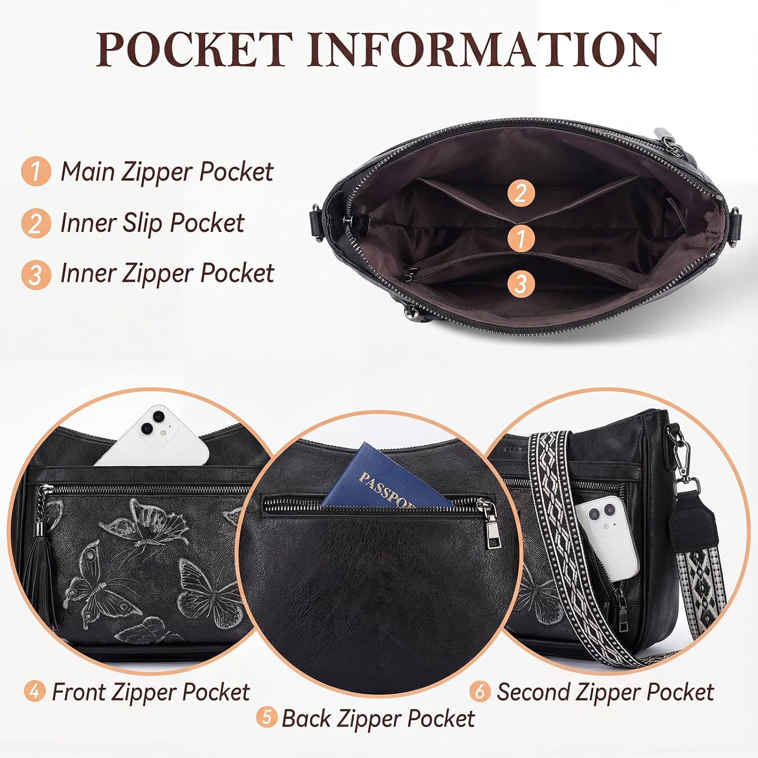 BELTANA Crossbody Bags for Women Trendy Vegan Leather Hobo Purses Medium Butterfly Cross Body Purse with Wide Strap | Adjustable Strap, Multiple Pockets, Tassel, Lightweight, Womens Gift, Shoulder Bag - Image 4