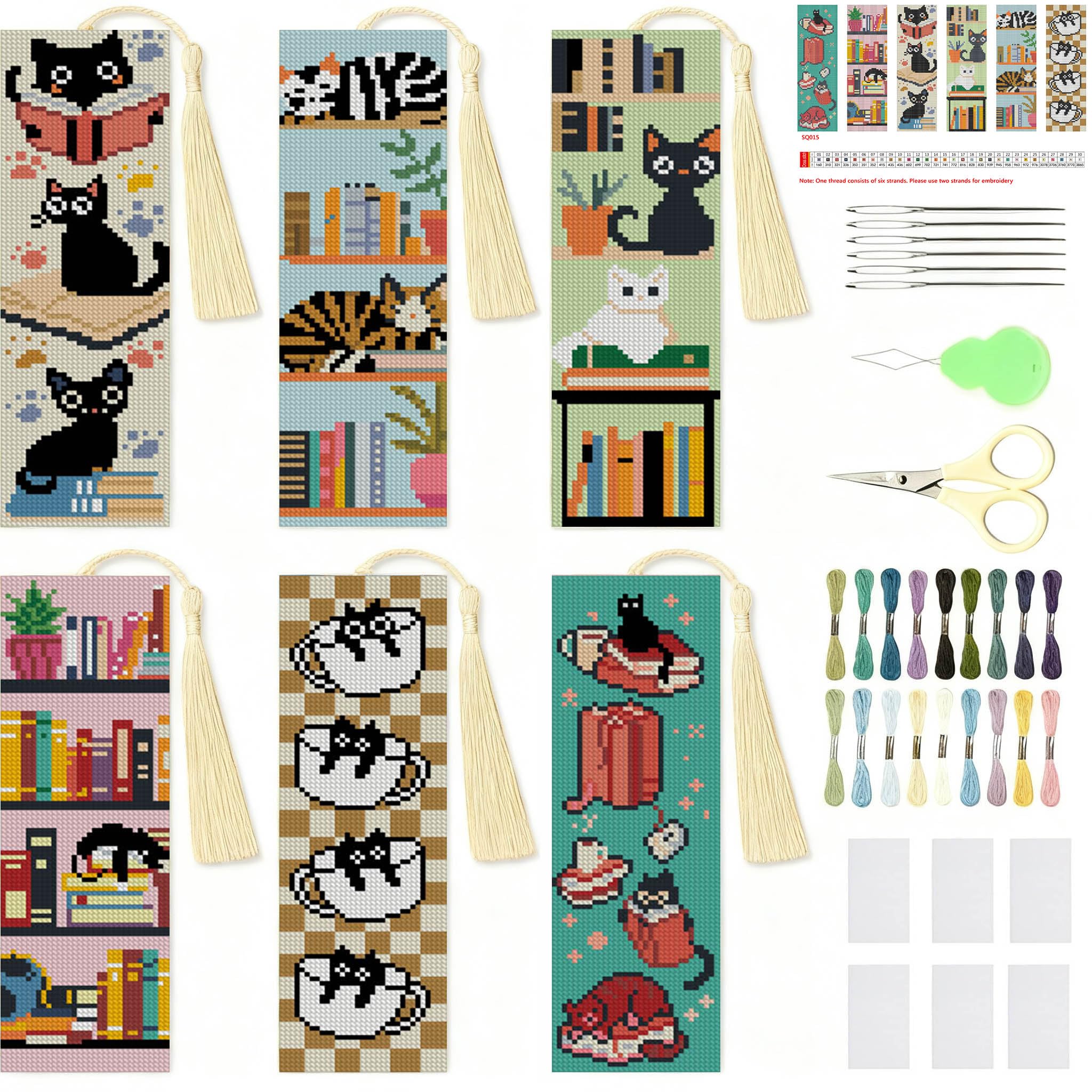 Jakener Cross-Stitch Bookmark-9 6 Pcs Black Cat Cross Stitch Bookmark Kit For Adult Beginners,Book Cross Stitch Kits 14 Ct Diy Crossstitch Kits Adult Stamped Bookmark Embroidery Bookmarks Kit