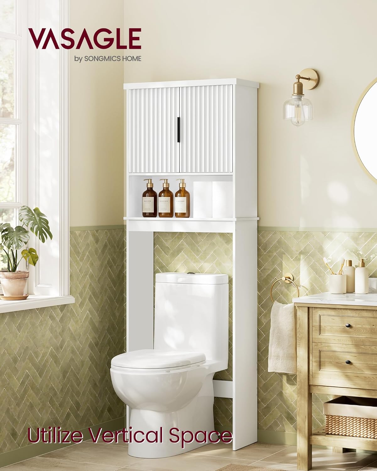 VASAGLE MAXE Collection - Over The Toilet Storage Cabinet, 23.6-Inch Wide Mid Century Modern Bathroom Organizer with Fluted Doors, Adjustable Shelf, Space-Saving, Cloud White UBTS028WB01S