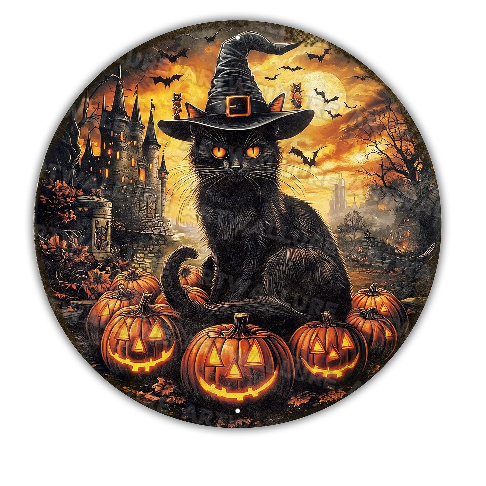 Round Halloween Vintage Sign Black Cat With Bats On Pumpkin Metal Tin Sign for Home Bar Kitchen Hotel Dining Room Coffee 12x12inch