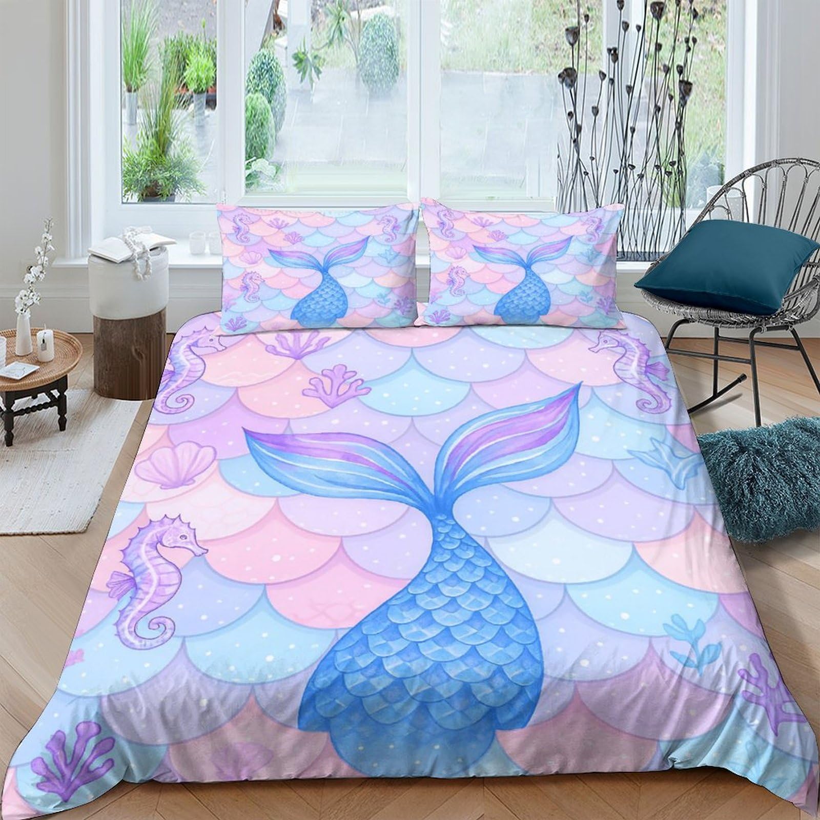 Ctjqhvkz Style-9 3D Printed Mermaid Tail Fitted Sheet Microfiber Pastel Ocean Scale Mattress Cover Soft Washable For Bedroom Decor Single（135X200cm）