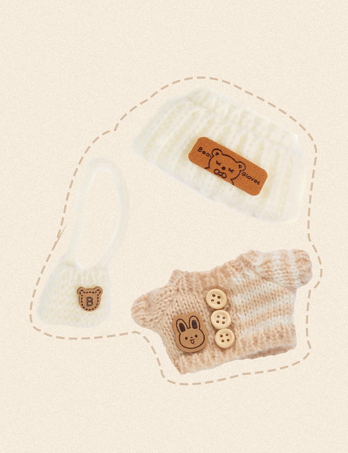 17cm Doll Clothes for Labubu – Chic Style Dolls Outfit with Oatmeal Sweater, White Bag, and Hat – Cute Kawaii Doll Clothes Accessories for Collectors & Fans