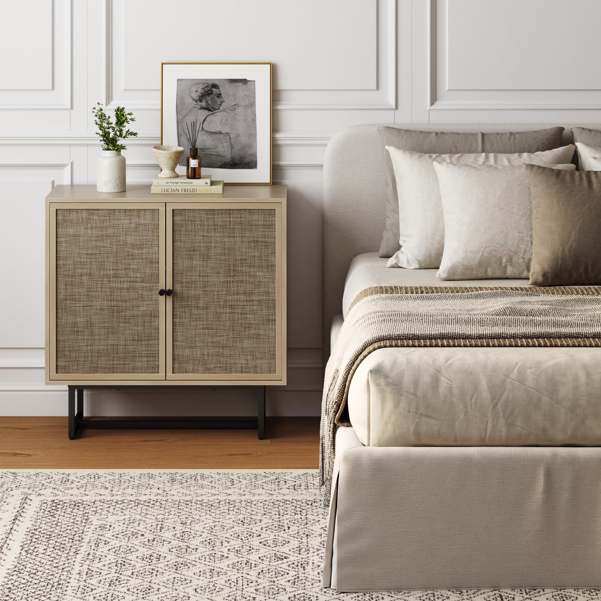 Nathan James Kova Accent Sideboard Storage Cabinet in Light Wood and Rattan with Metal Frame, Adjustable Shelves and Cane Doors, for Hallway, or Living Room, Light Oak/Cane/Black