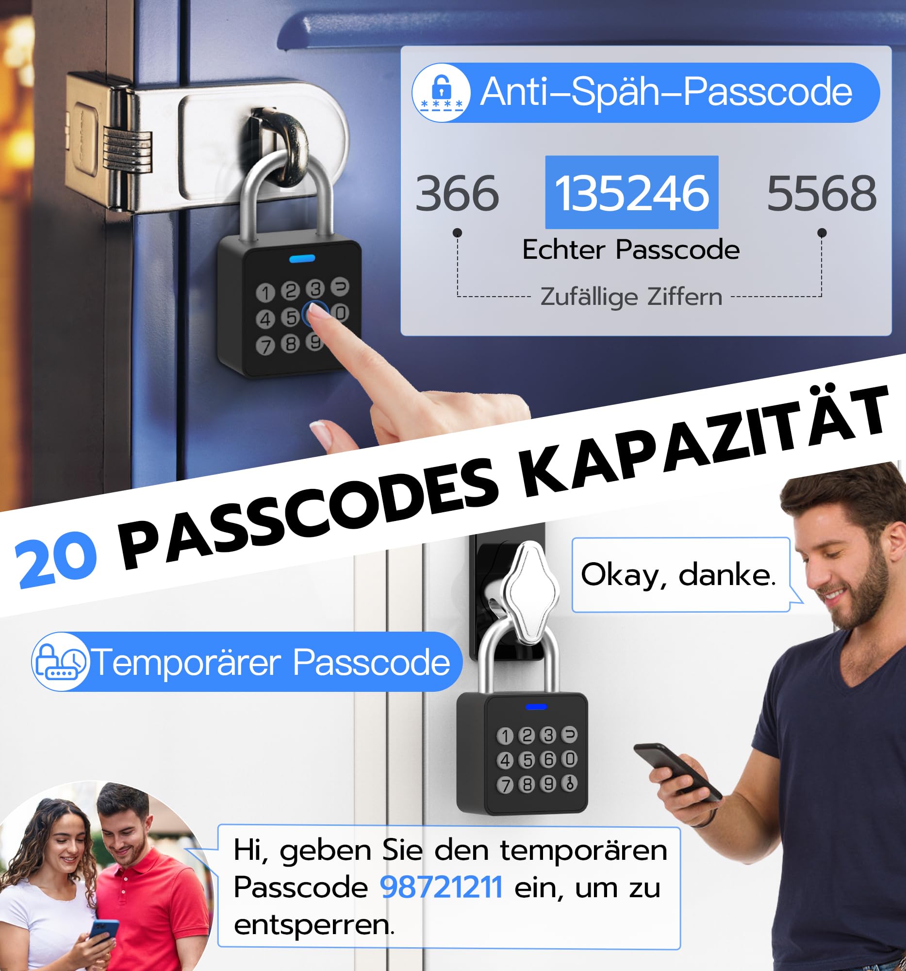 Elektronisches Vorhängeschloss mit Fingerabdruck & PIN, IP65 Wasserdichtes Smart Bluetooth Schloss mit App, USB-C Aufladung, Robust für Gartentor, Garage, Spind