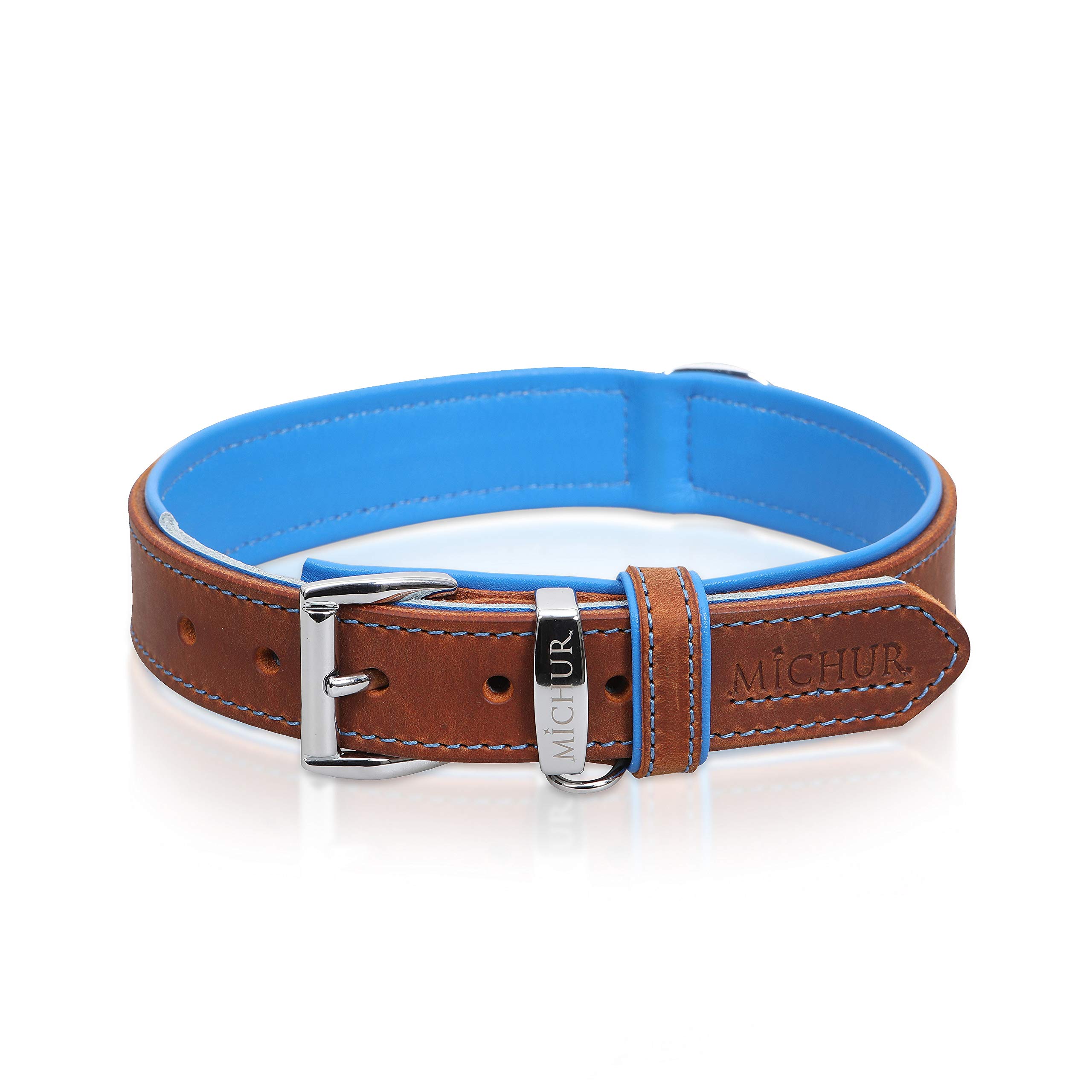 MICHUR Charly Hundehalsband Leder Braun Blau, Lederhalsband Hund, Halsband, Leder, in verschiedenen Größen erhältlich