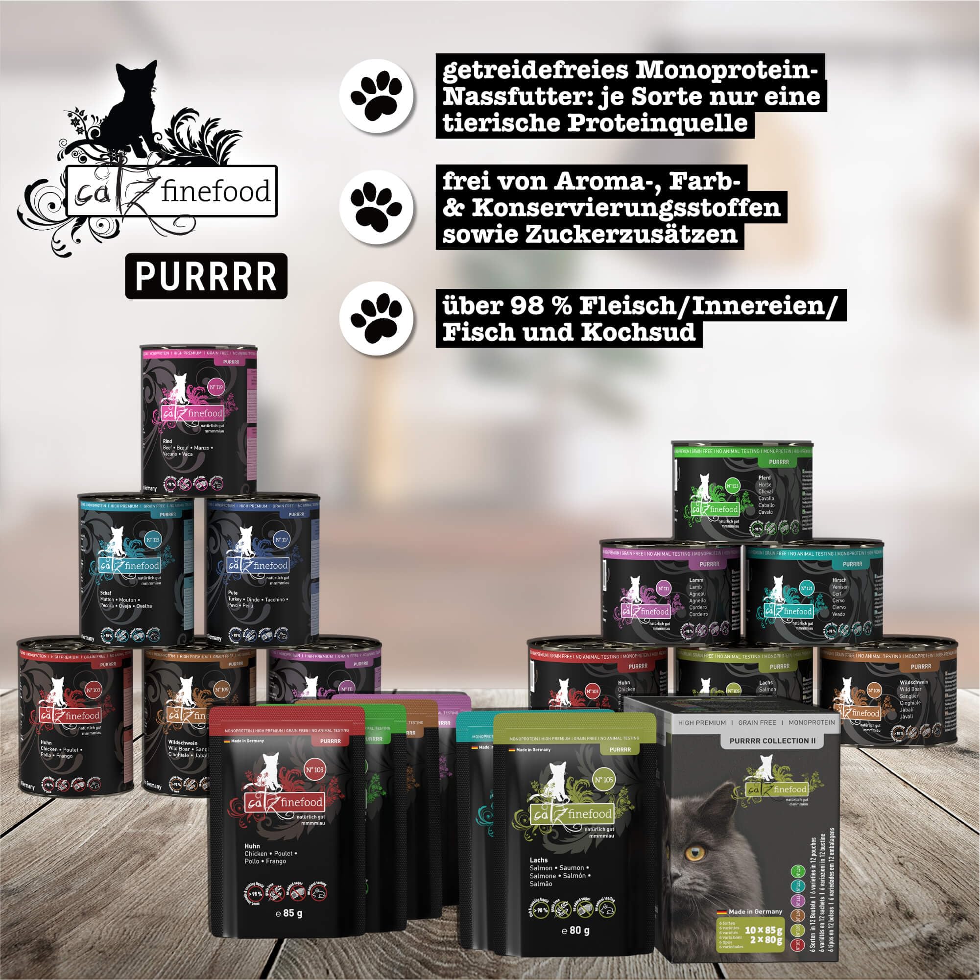 catz finefood Purrrr Collection Comida húmeda para Gatos XXL, Paquete de Comida húmeda Gourmet para tu Gato, sin azúcar ni Cereales, sin Gluten y monoproteína con Alto Porcentaje de Carne (24 Bolsas