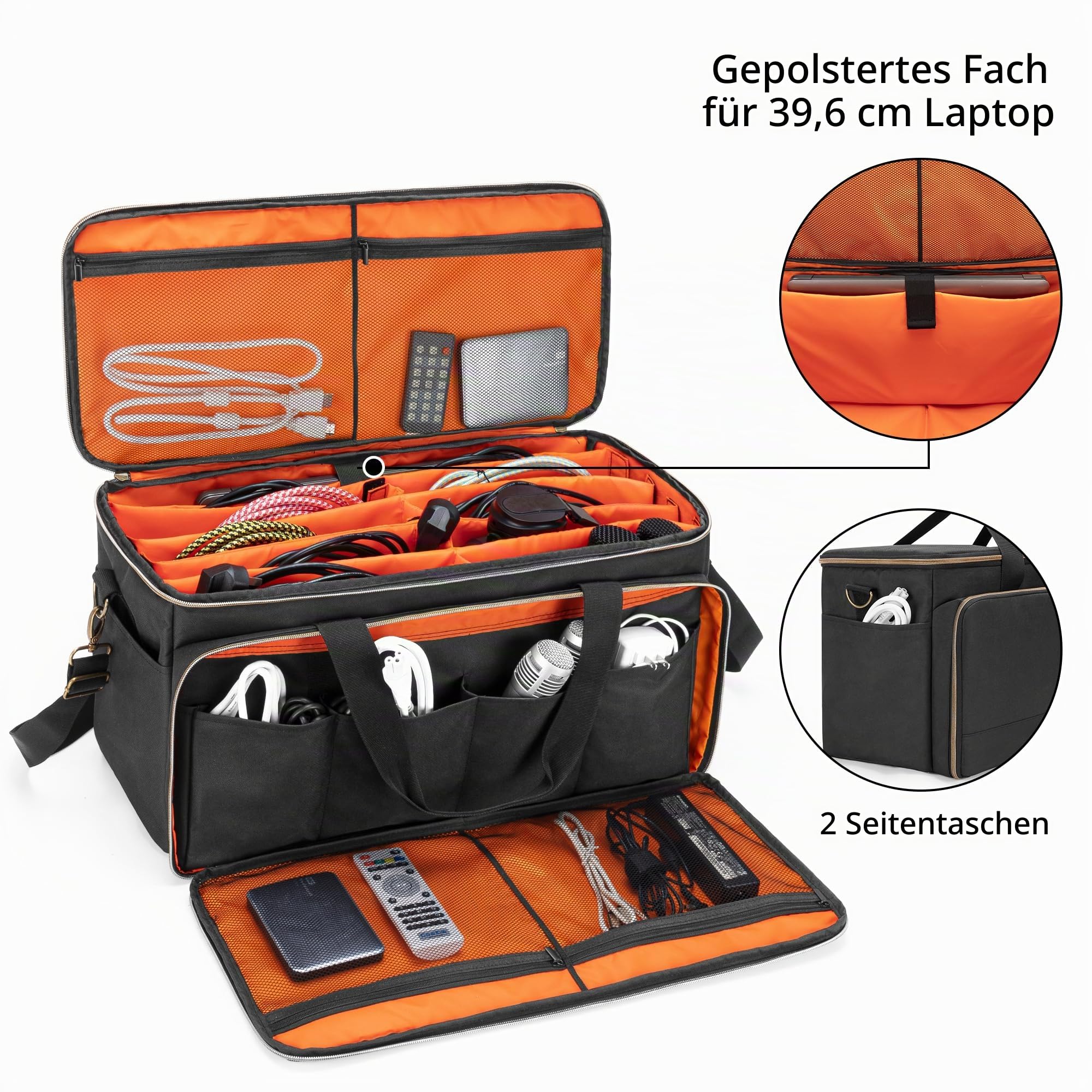 Trunab Große DJ Tasche mit Abnehmbaren Trennwänden und 15,6'' Laptopfach | Kabel Organizer Tasche für DJ-Zubehör und Musikinstrument