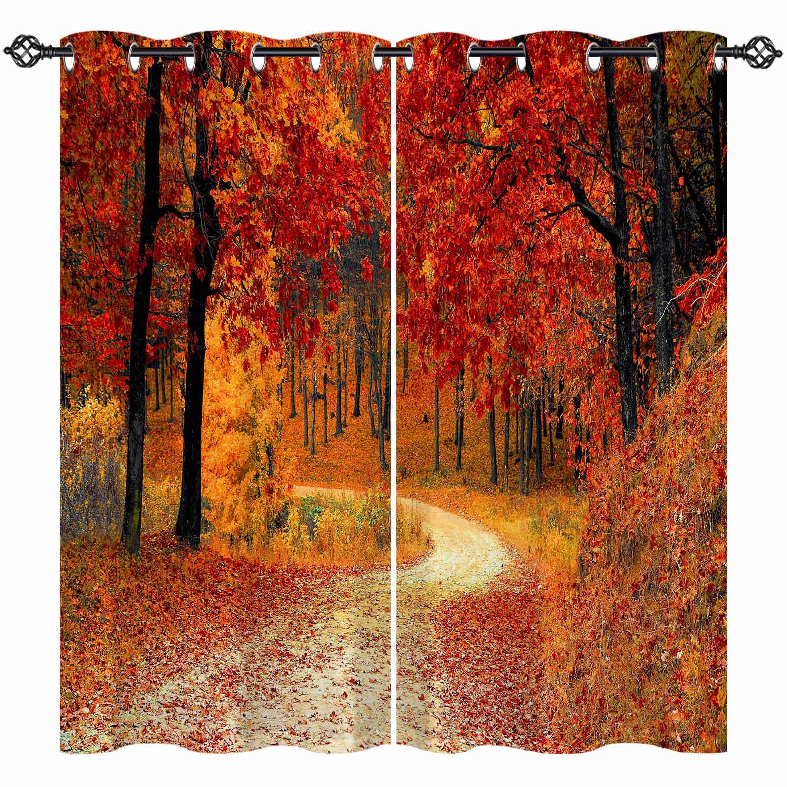 ANHOPE Autumn Curtains Eyelet 80% Blackout Room Darkening Curtains Nature Fall Forest Tree Print Pattern Thermal Insulated Privacy Window Drapes for Bedroom Living Room 30 x 63 Inch Drop 2 Panels โ image 1