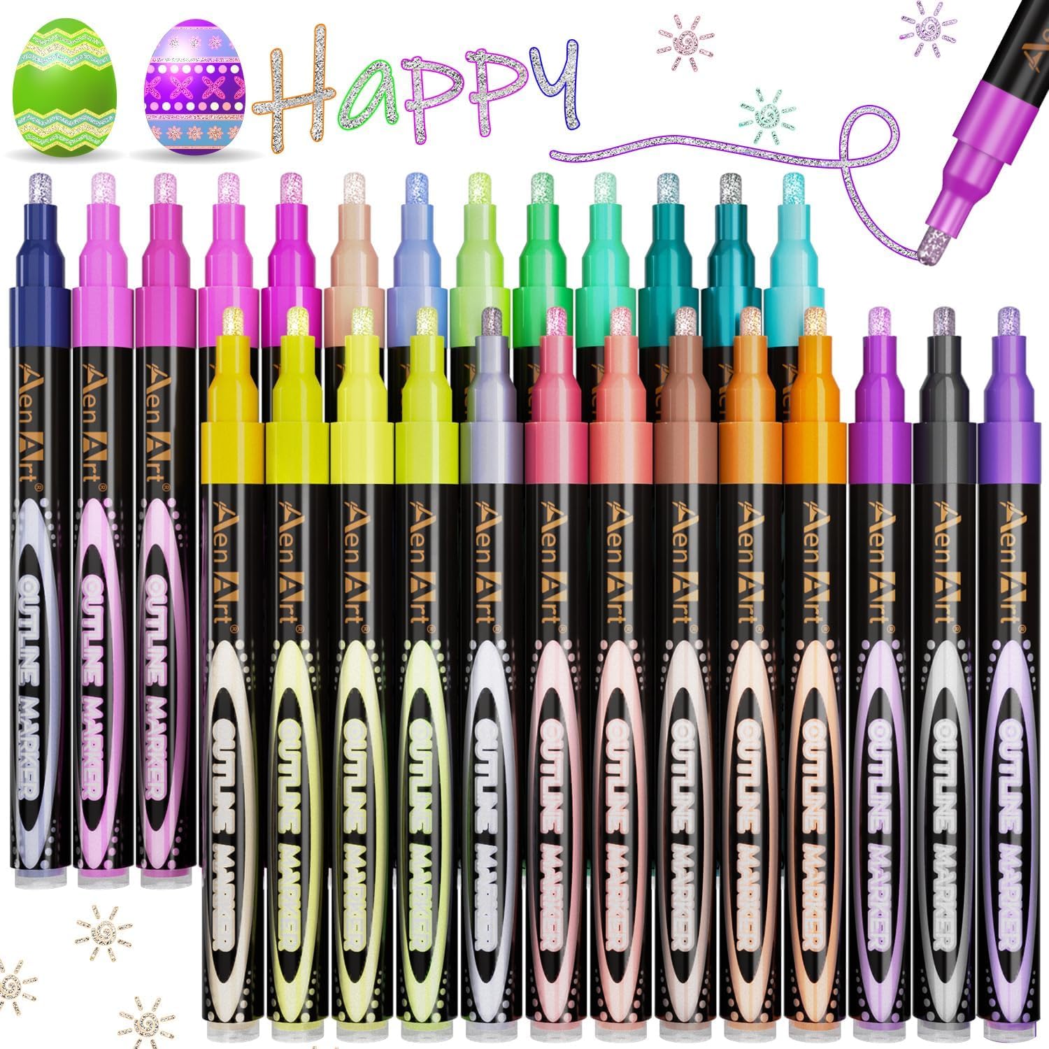 Hmeuest Glitter Pens, 26 Colours Outline Marker Pens, Metallic Glitter Markers with Double Line for Gift, Art Supplies, Scrapbook, Christmas Gifts
