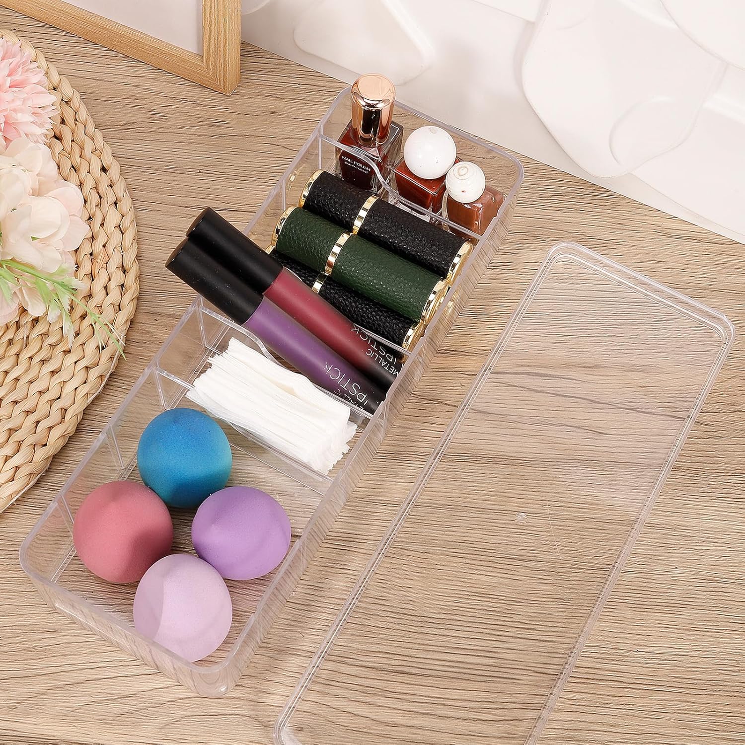 4 Pcs Plastic Cable Storage Box with 40 Wire Ties,Clear Charger Cord Organizer Boxs,Power Cord Organizer with 8 Compartments,Electronics Organizer with Lid for Home Office Accessories Storage