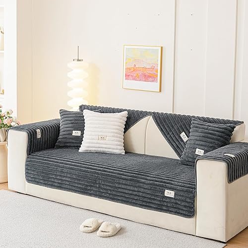 Miniatura 6 de Funda para sofá de piel sintética, antideslizante a rayas, funda de sofá de felpa de conejo (negro, 36 x 82 pulgadas, funda de sofá de 4 plazas)