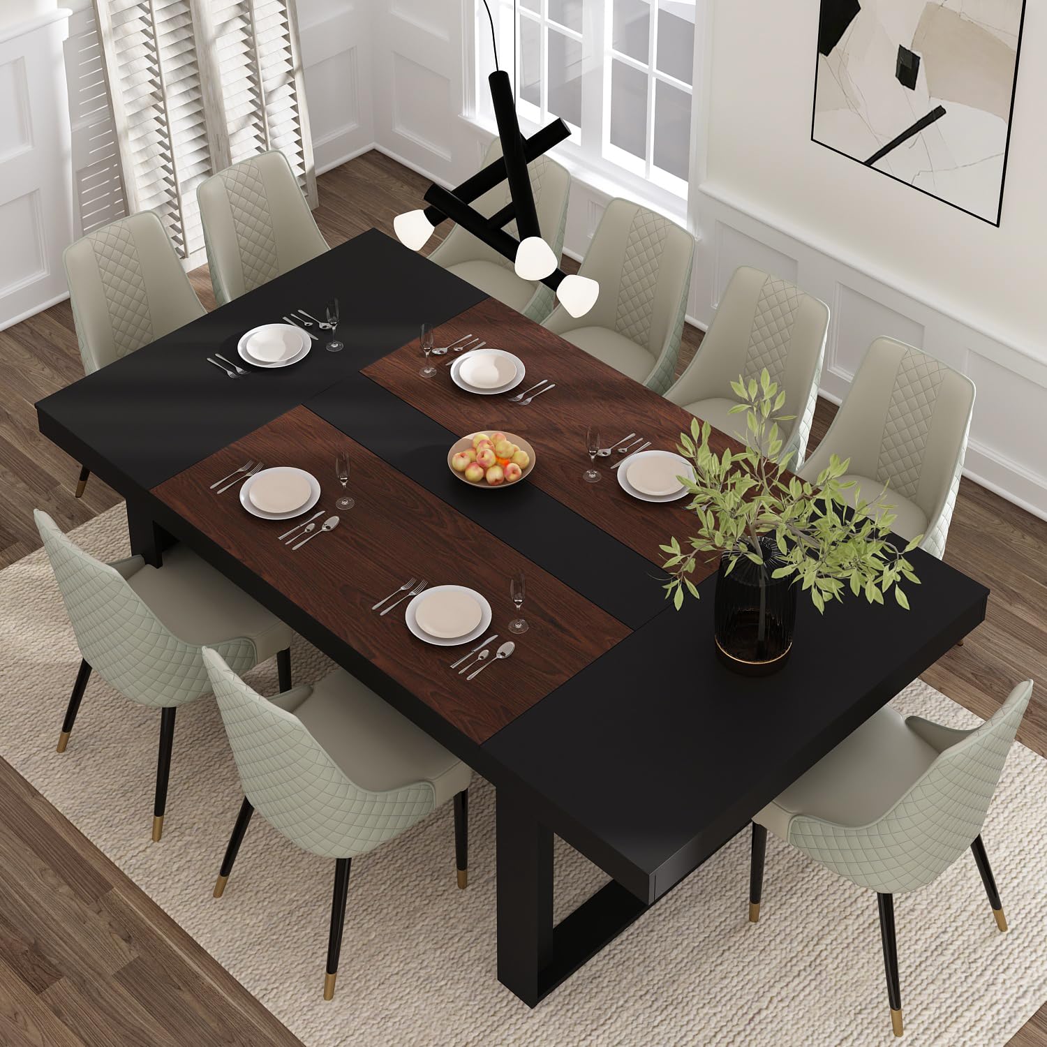 Hitow Dining Table for 8-10 People 86 6-Inch Rectangular Wood Kitchen and Office Conference Room Table Brown Black