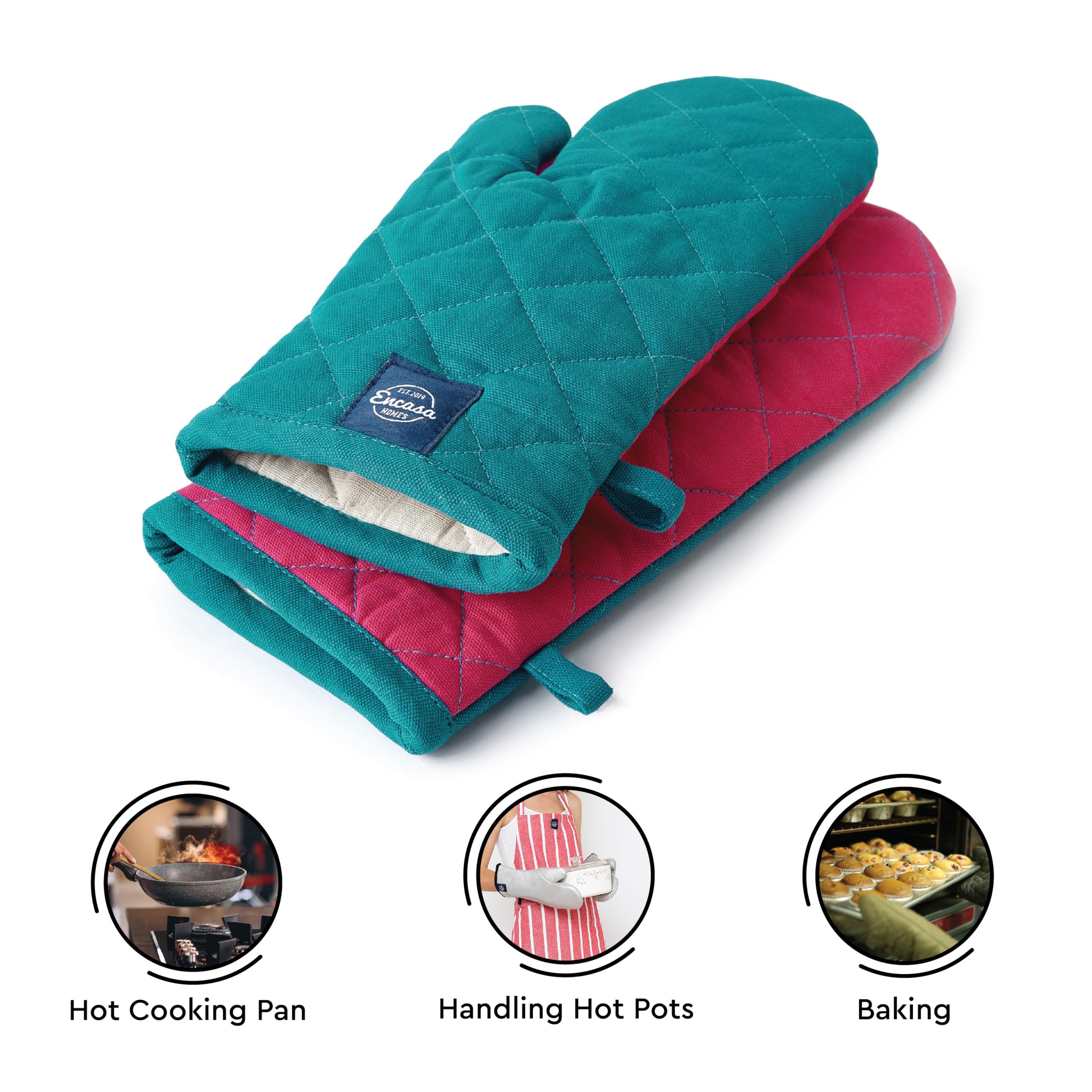 Encasa XO Cotton Oven Gloves, Heat Resistant Quilted Cooking Mitts Azul Blue 3