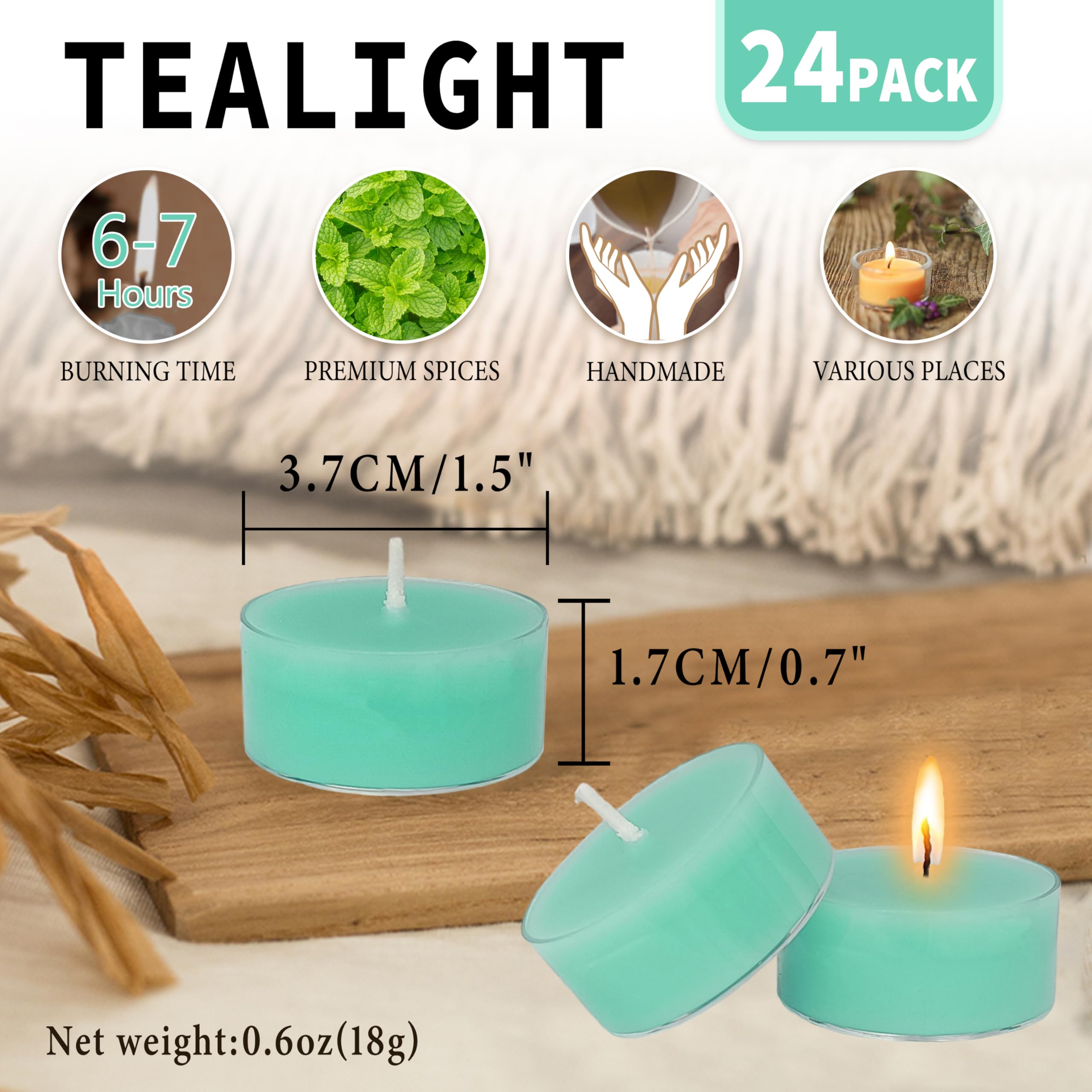 Tea Candles Handmade 24 Pack Mint Scented Smokeless Tea Lights Candle Tealight Candle for Wedding Yoga Decoration(Green)