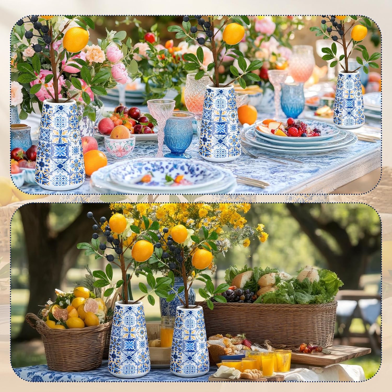 LemonRoad 8 Pcs Blue Tiles Lemon Table Centerpiece Decor 4 Amalfi Coast Ceramic Vase with 4 Artificial Lemons Blueberry Eucalyptus Leaves Branches for Capri Mediterranean Positano Wedding Party Decor