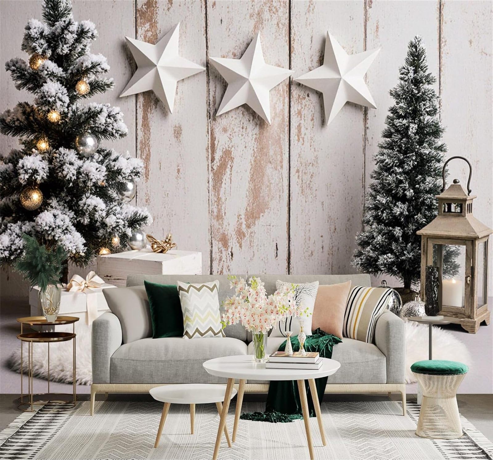 Tzxztt Winter Scene Pine Trees Lanterns Stars Wood Grain Modern 3D Wallpaper Premium Textured Silk Neutral Tones Material Ideal for Living Room Bedroom-150cm×105cm