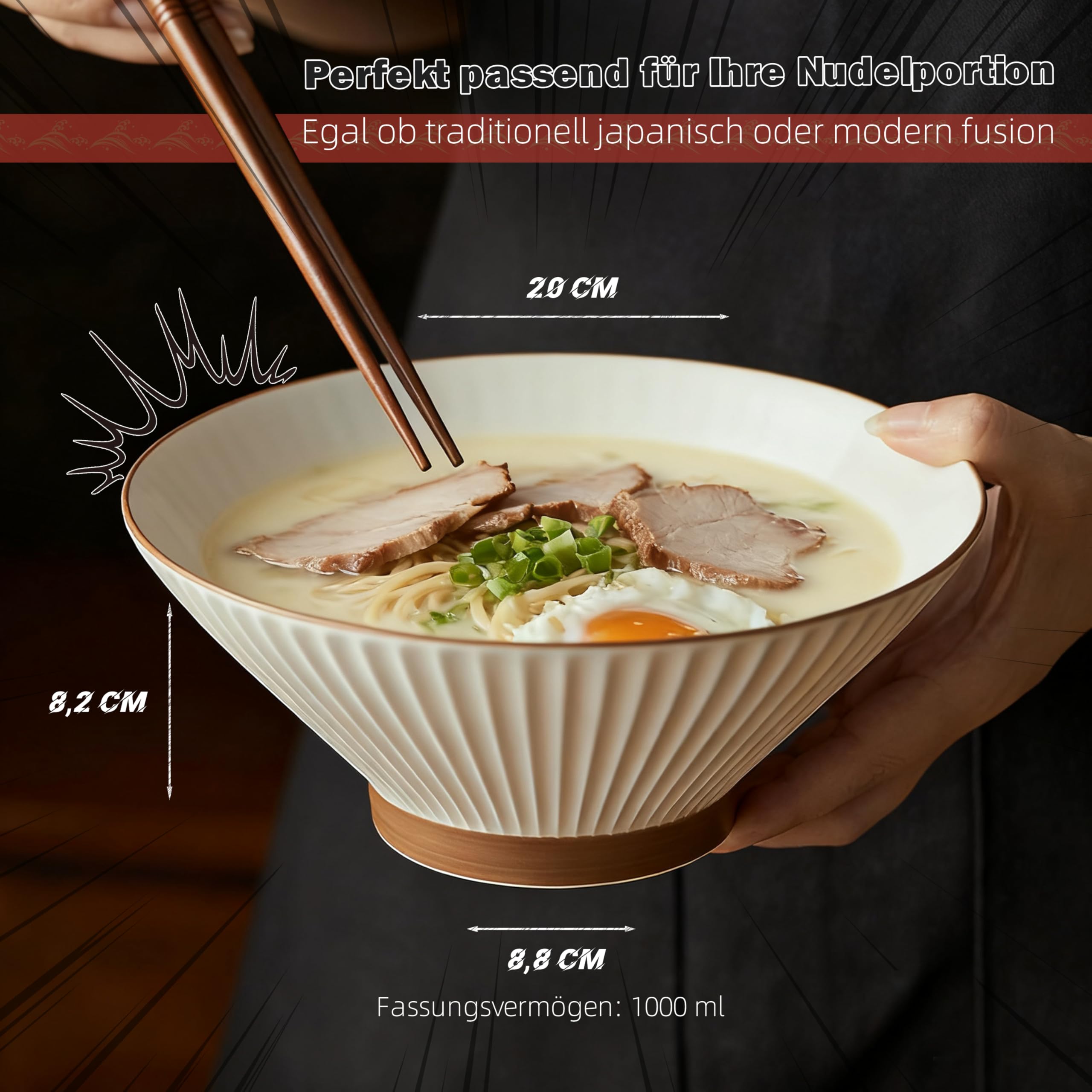 Jiwoo Ramen Schüssel Set 4-teilig 1100ml – große Keramik Ramen Schalen Ø20cm, tiefe Suppenschalen mikrowellen- und spülmaschinengeeignet, Nudelschalen für Ramen, Suppe, Salat & Spaghetti