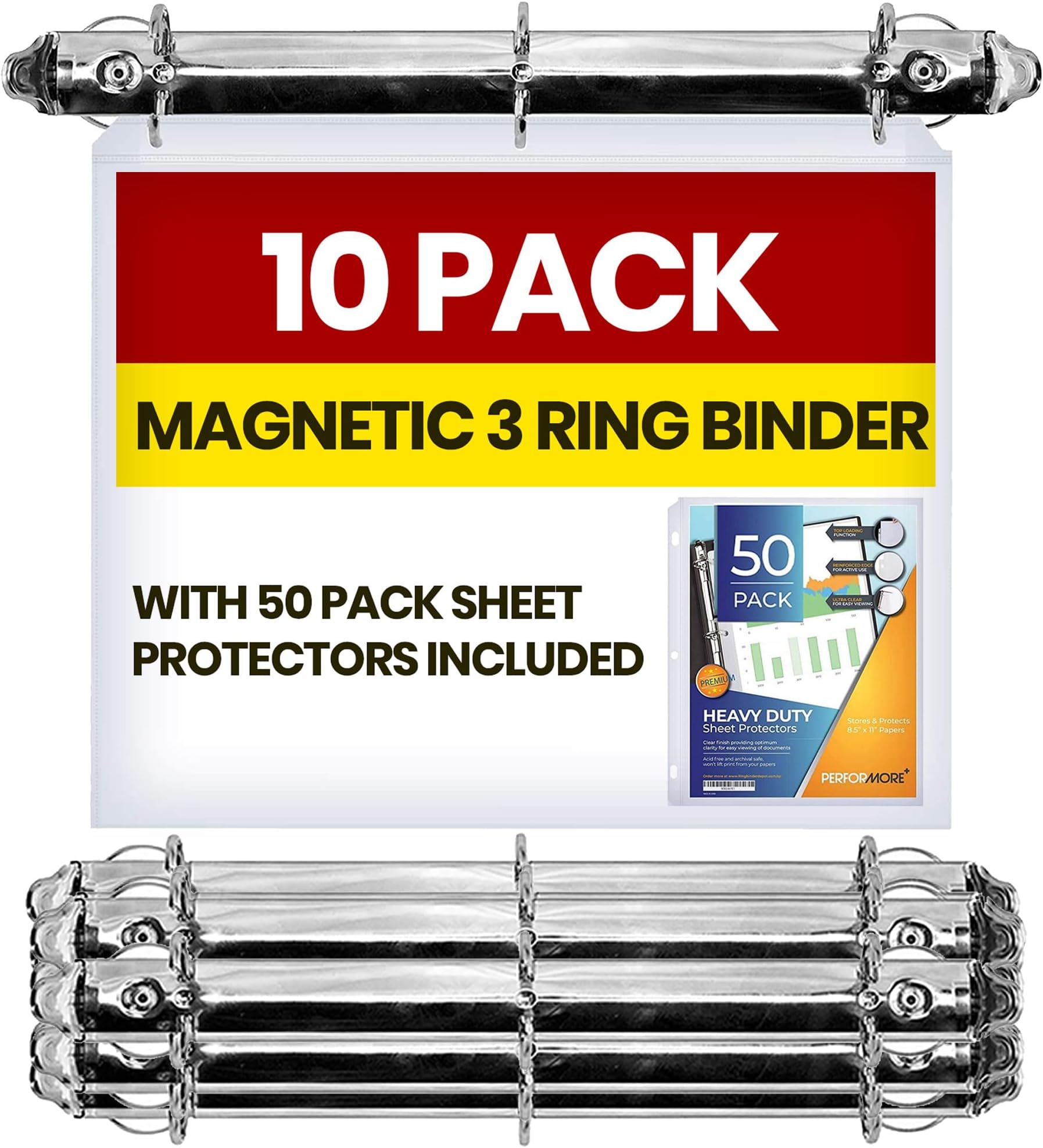 Magnetic 3 Ring Binder Locking Mechanism – 10 Pack – for Hanging 8.5 x 11 Inch Sheets of Paper – 3 Rings – 1 Inch D Shaped Rings – 5S Visual Aid - 50 Sheet Protectors Included