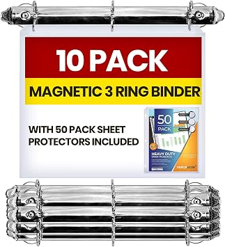 10 Pack Magnetic 3 Ring Binder Locking Mechanism for Hanging, 1 Inch D-Ring Holds 225 Sheets, Heavy Duty for 8.5 x 11 Paper, 50 Sheet Protectors Included, 5S Whiteboard Cabinet - Ring Binder Depot