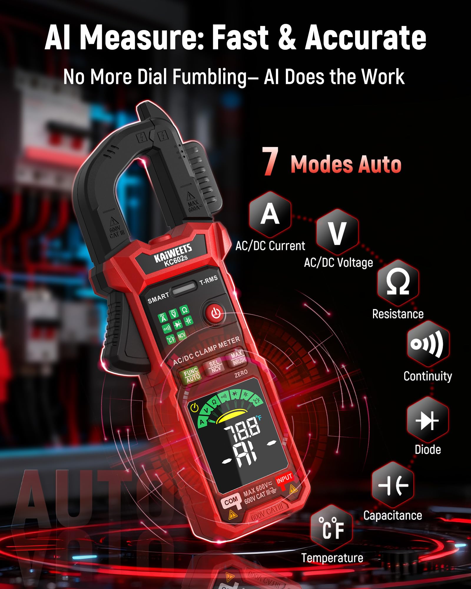 KAIWEETS Zangenmessgerät AC/DC Zangenmultimeter mit Auto-Modus, True RMS, NCV-Erkennung, Einschaltstrom, Frequenz, 6000 Counts Digitalmultimeter KC602s