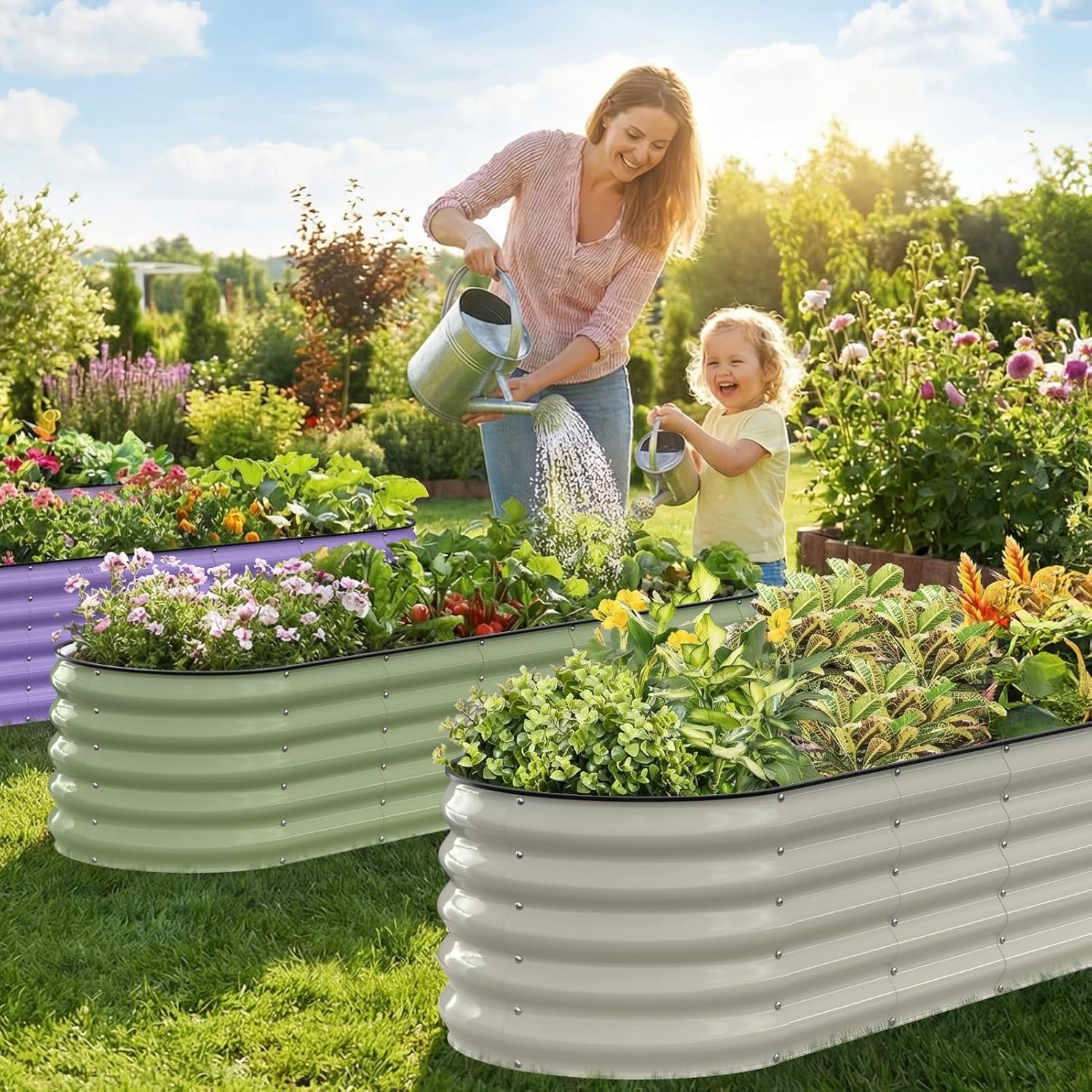 Kesfitt Raised Garden Bed, Metal Galvanized Steel Oval Garden Bed 8x2x1.5 ft with 18-Inch Deep Open-Bottom Design for Outdoor Vegetable Gardening, Pearl White