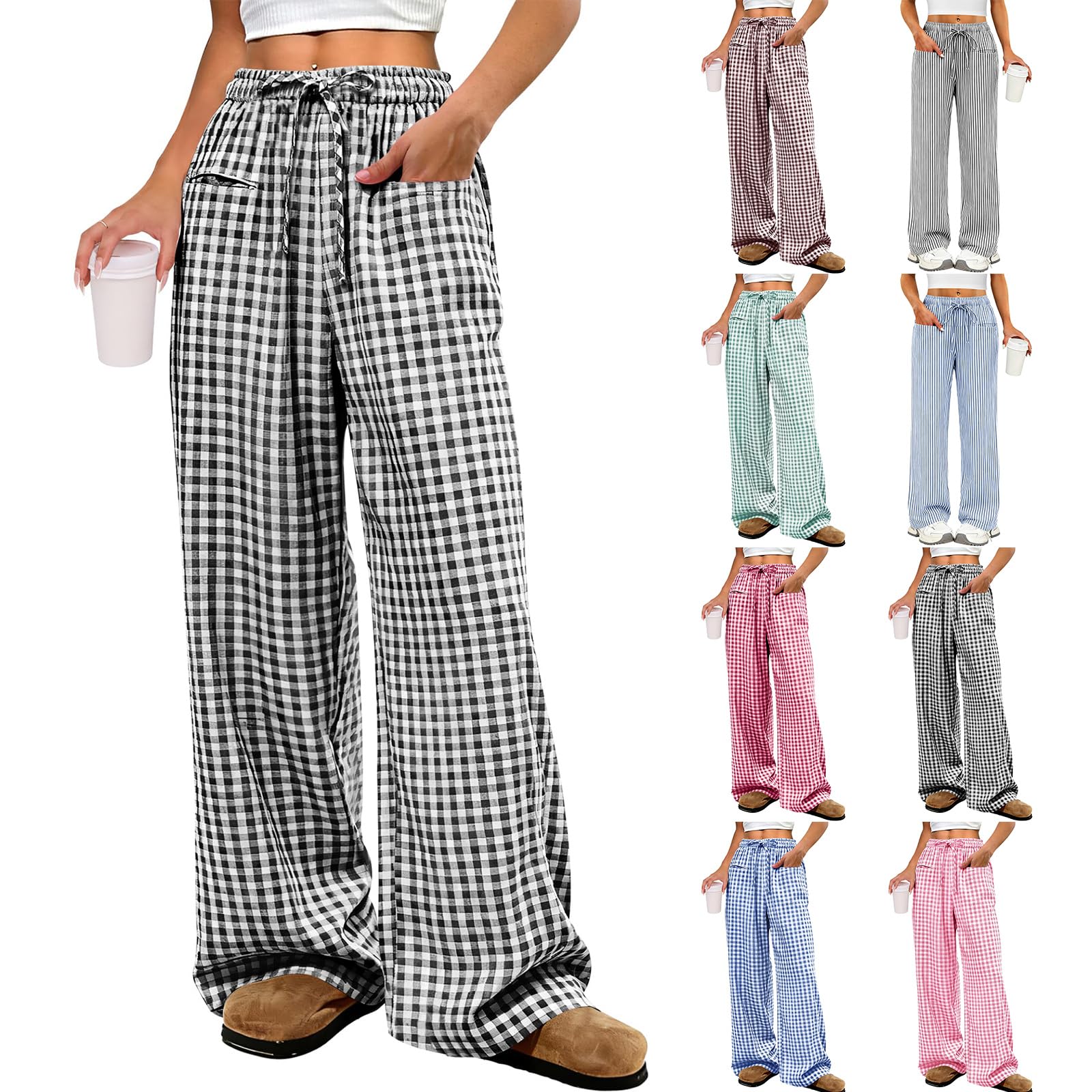 Plaid Pants for Women Soft Trendy Wide Leg Lounge Gingham Pants Casual Drawstring Pajamas Trousers with Pockets