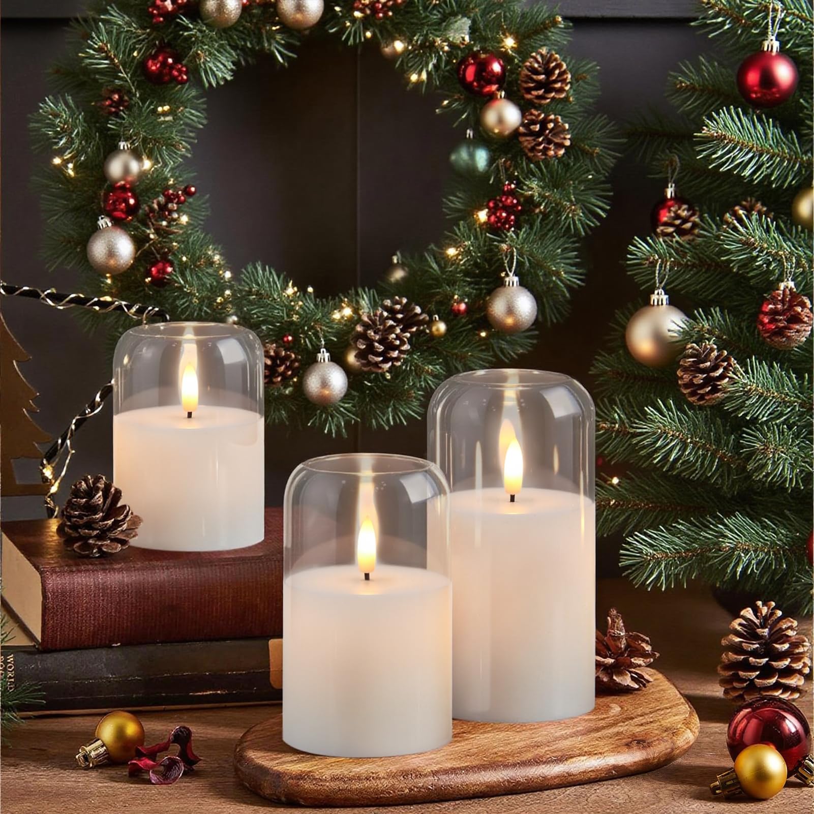 GenSwin Candele in vetro senza fiamma con timer remoto, candele trasparenti a batteria con fiamma tremolante, candela a colonna in vetro e vera cera a LED, per Halloween, Natale, decorazione della