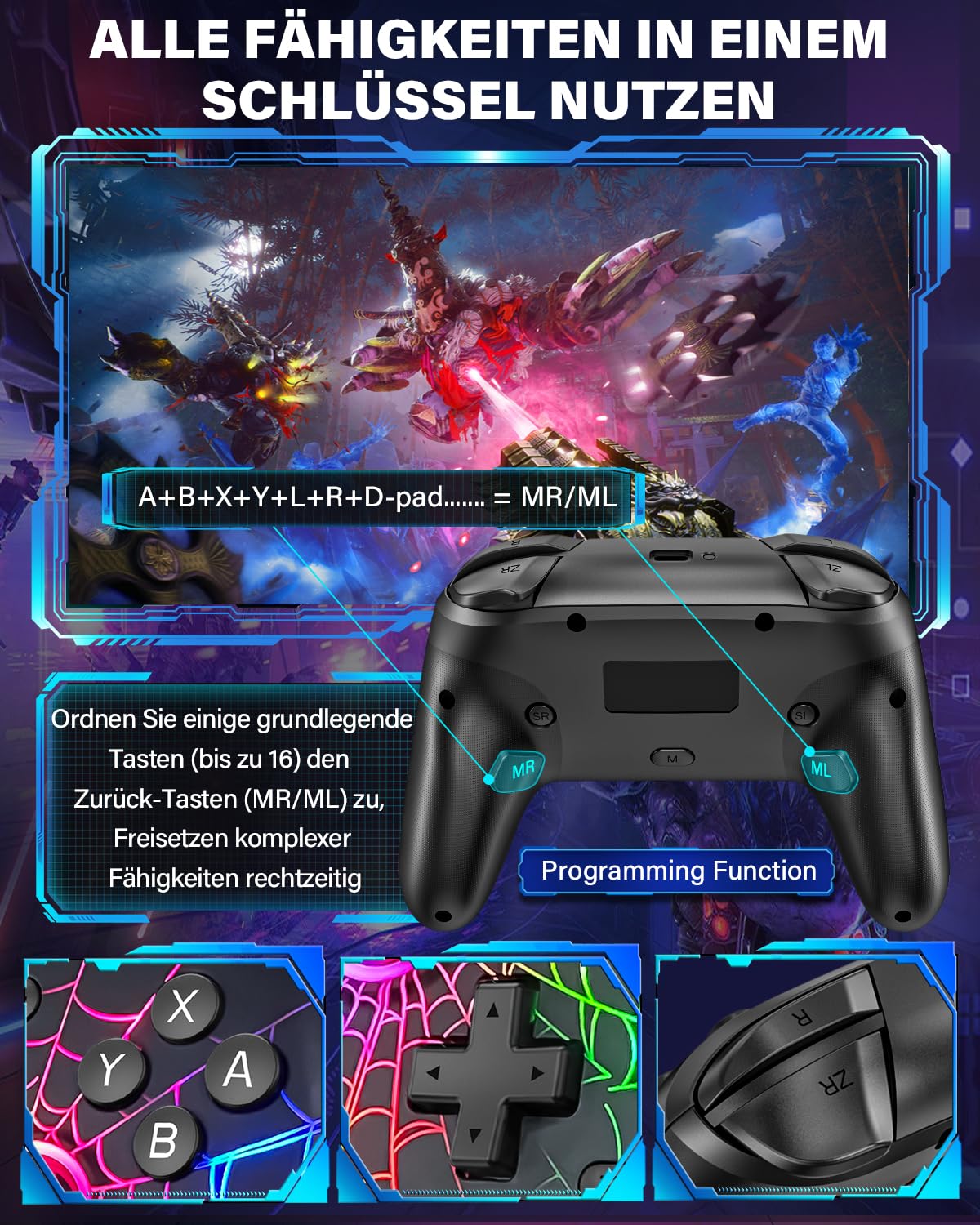 ZRZLMVP Switch Pro Controller für Switch/Switch 2/Oled/Lite - 1000 mAh Wiederaufladbar Wireless Switch Controllers mit 9 RGB Licht, Programmierbar, Wake Up Funktion, Turbo, Vibration - Spinngewebe